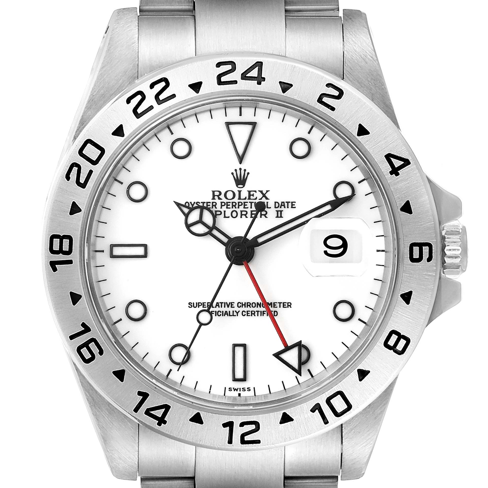 This image shows a front view of the Rolex Explorer 16570 Men's Stainless Steel White Dial 16570 Men's Stainless Steel White Dial watch, highlighting the dial, bezel, and part of the bracelet.