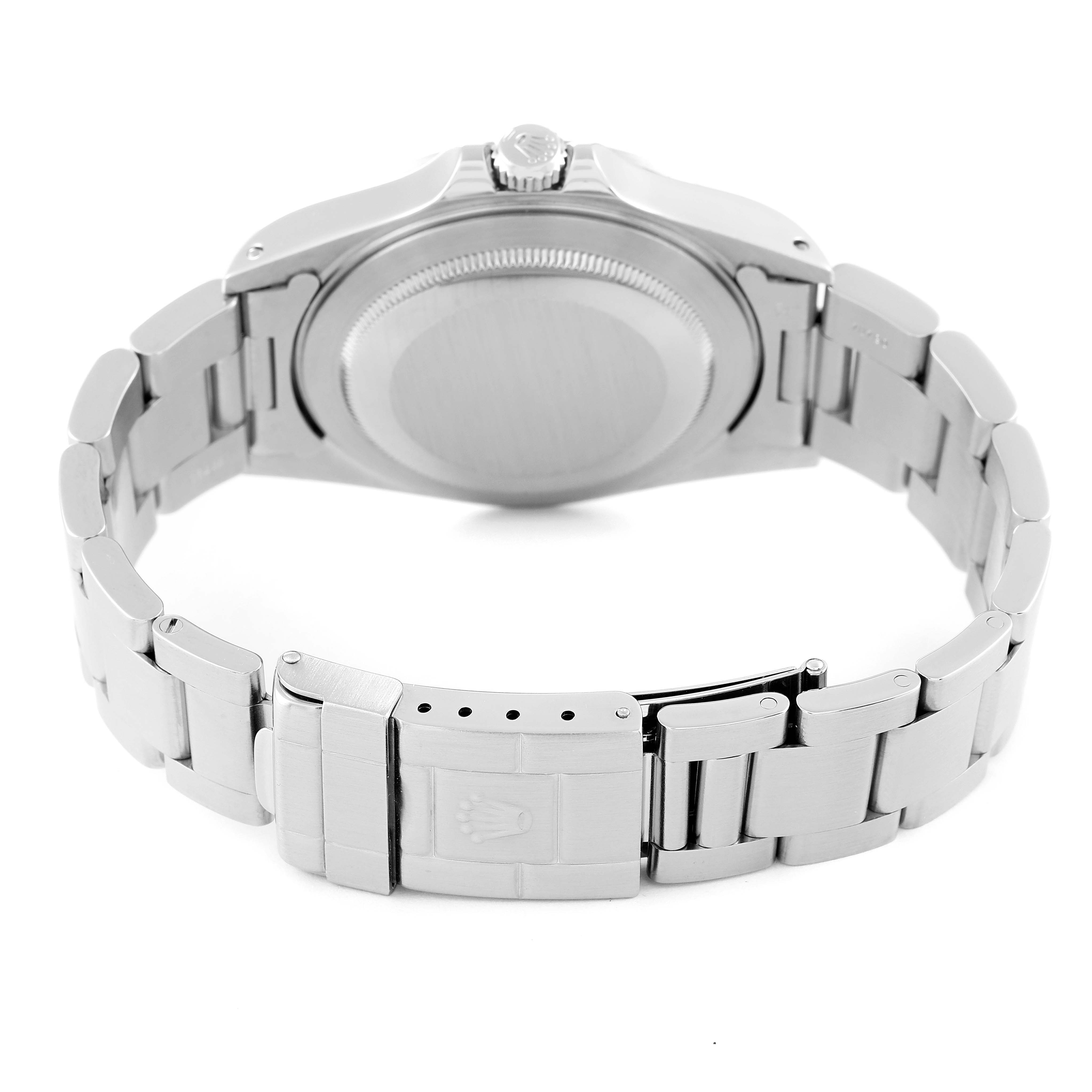 The image shows the back case and bracelet clasp of a Rolex Explorer 16570 Men's Stainless Steel White Dial 16570 Men's Stainless Steel White Dial watch from a rear angle.