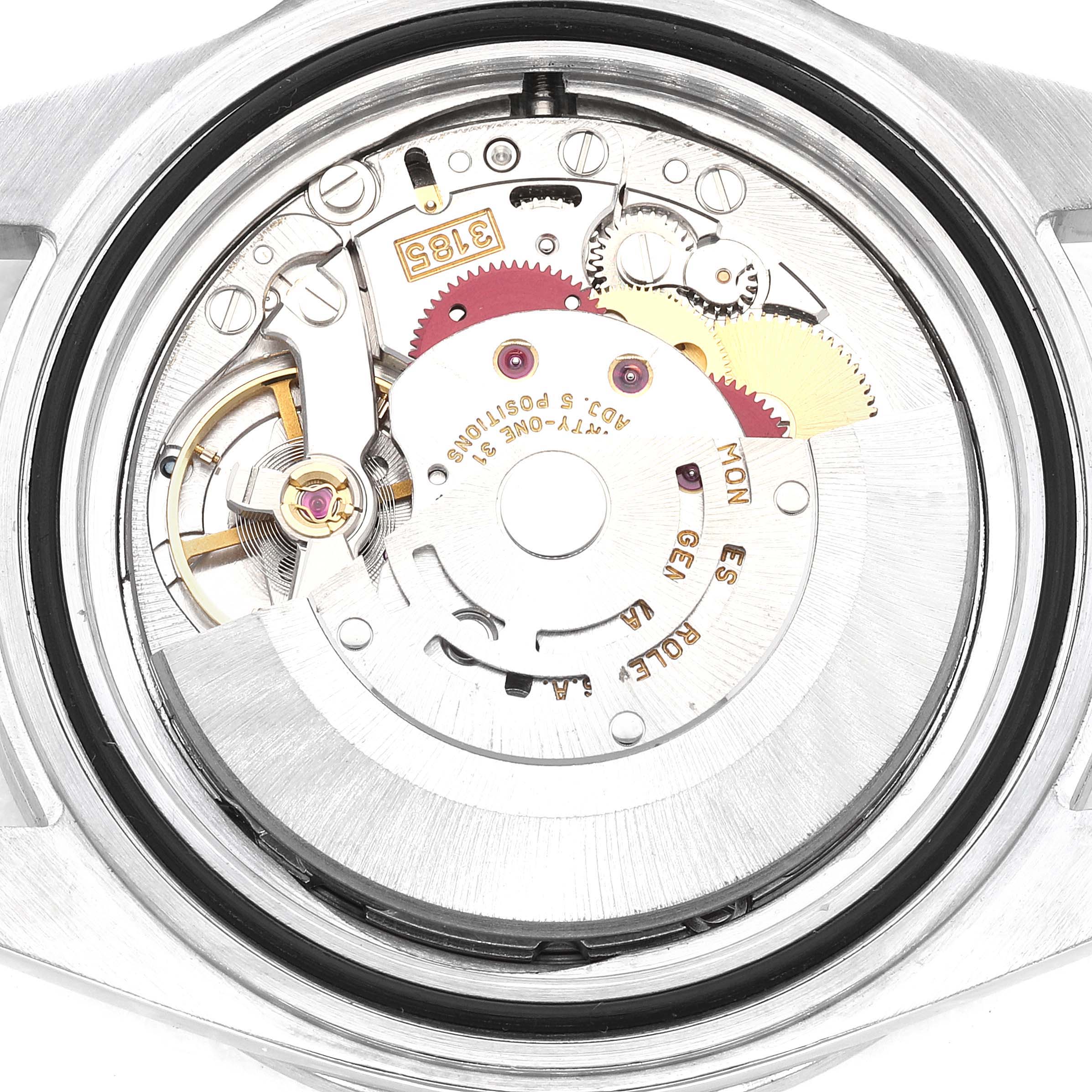 The image shows an internal view of the Rolex Explorer 16570 Men's Stainless Steel White Dial 16570 Men's Stainless Steel White Dial watch movement including gears, jewels, and the rotor.