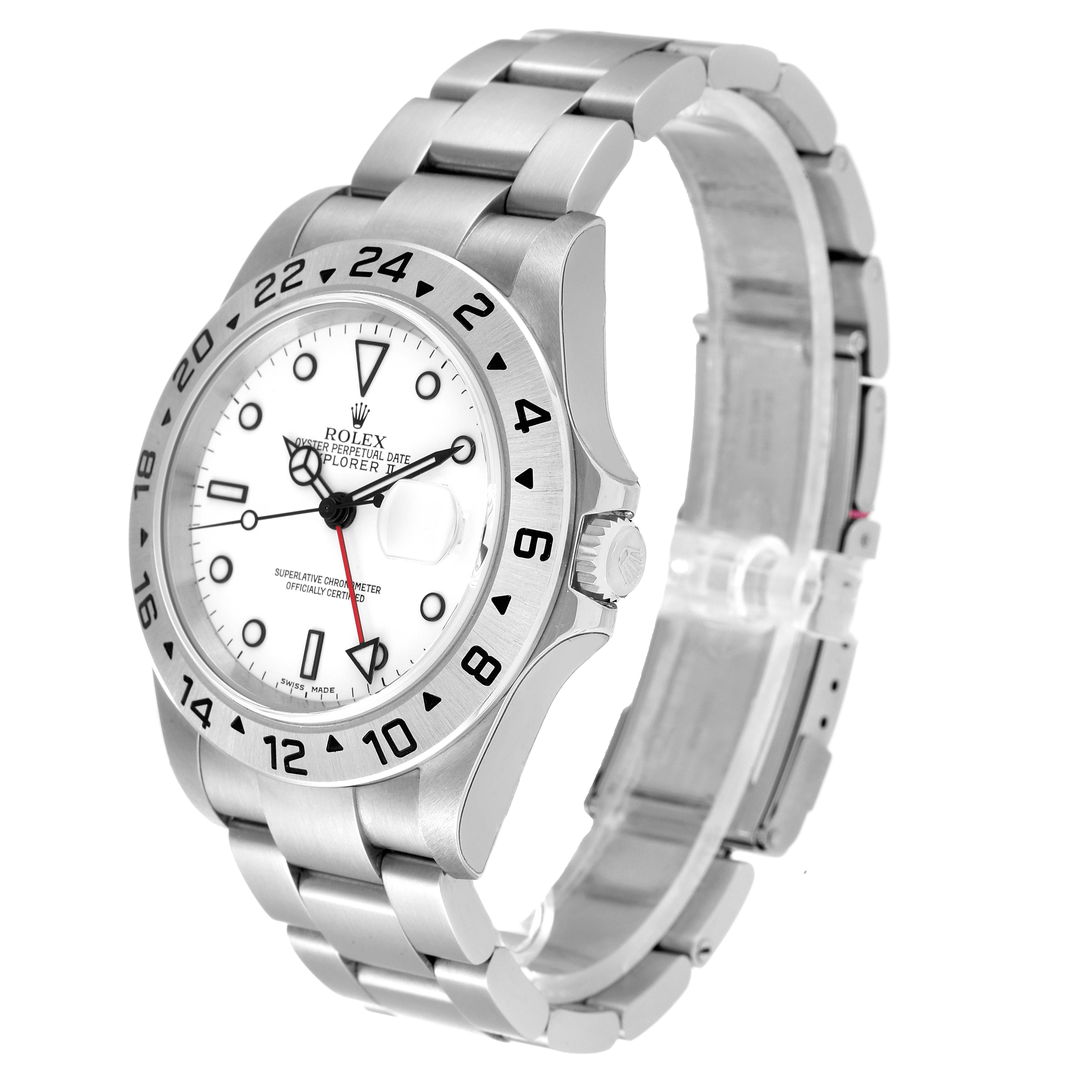 The image shows a side angle of the Rolex Explorer 16570 Men
s Stainless Steel White Dial 16570 Men
s Stainless Steel White Dial watch, highlighting the bezel, dial, crown, and bracelet.