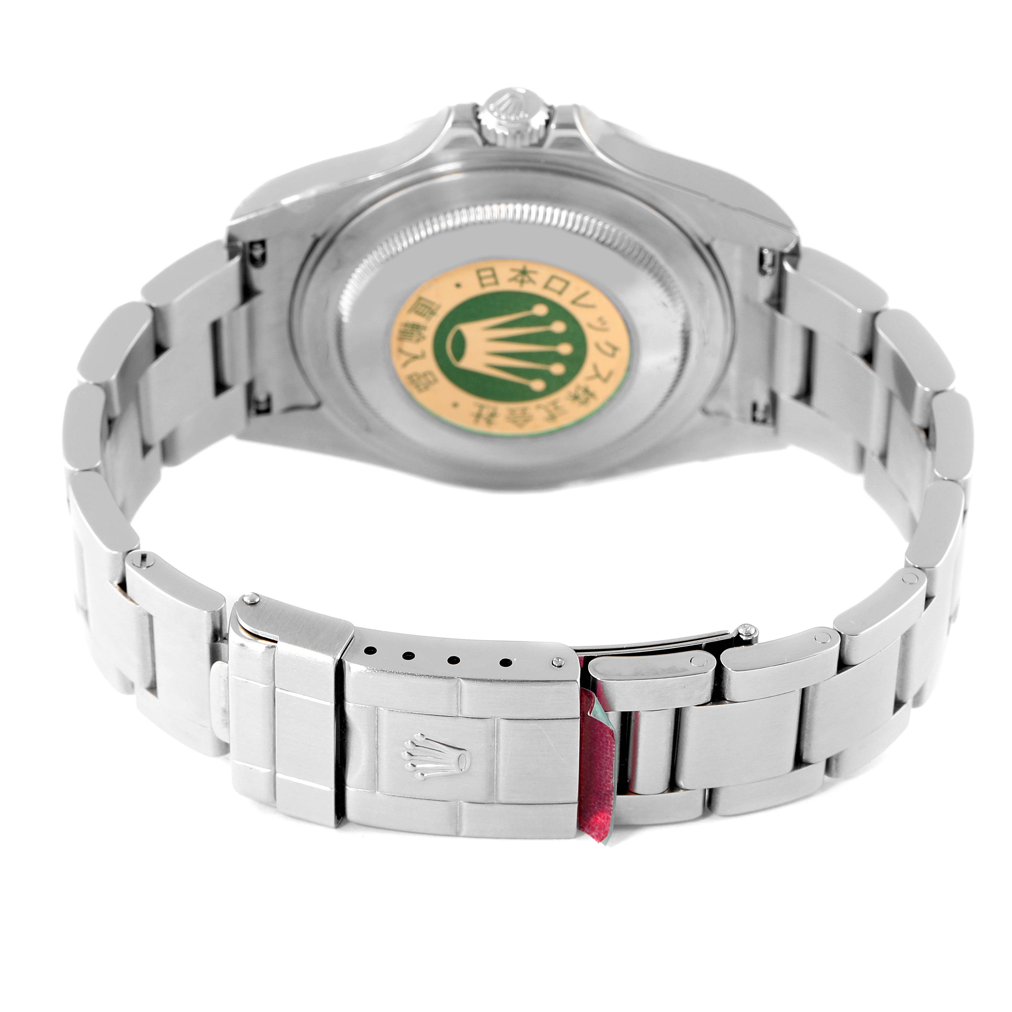 The image shows the back view of the Rolex Explorer 16570 Men
s Stainless Steel White Dial 16570 Men
s Stainless Steel White Dial model, highlighting the case back, bracelet, and clasp.