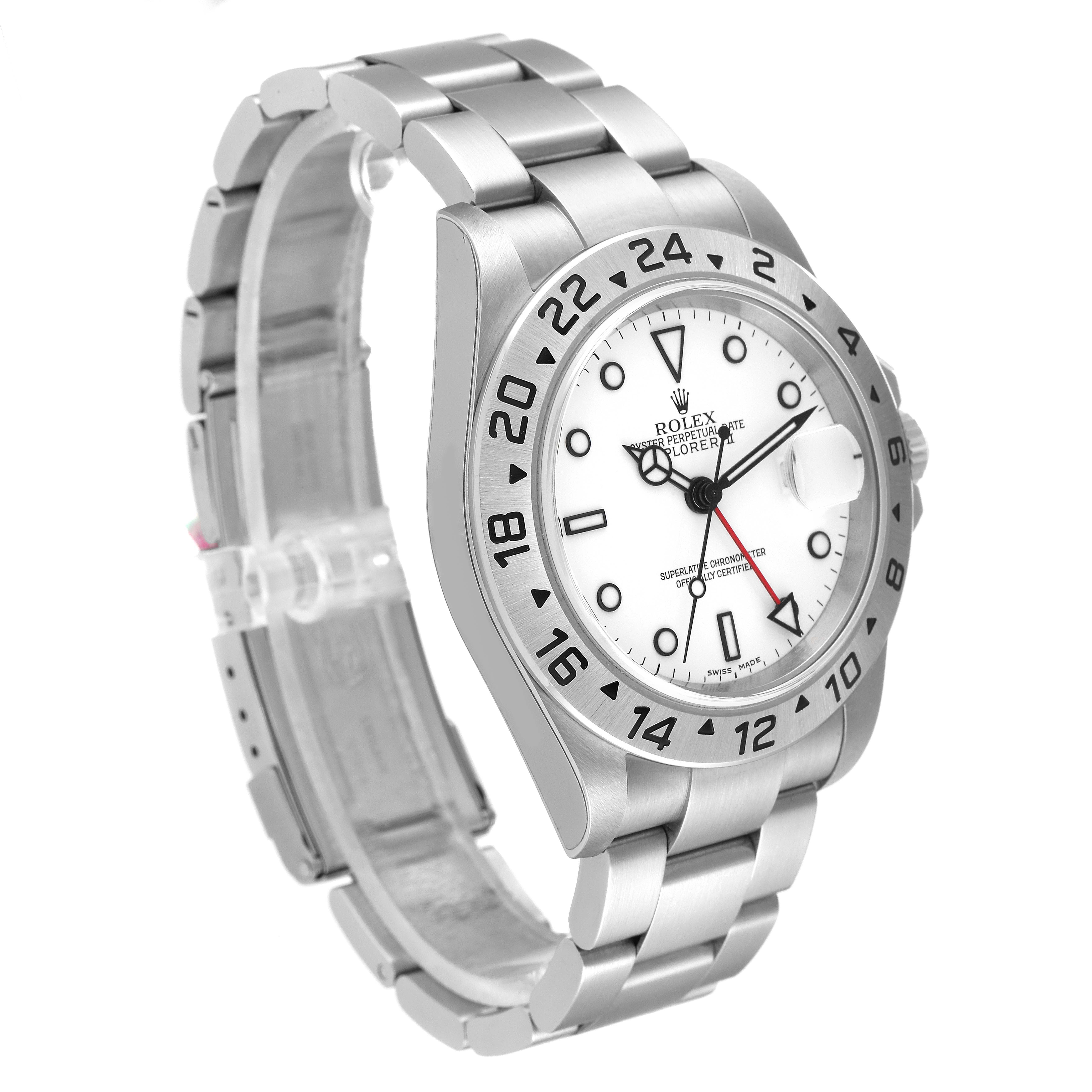 The Rolex Explorer 16570 Men
s Stainless Steel White Dial 16570 Men
s Stainless Steel White Dial watch is shown at an angled side view, displaying the dial, bezel, case, bracelet, and part of the clasp.