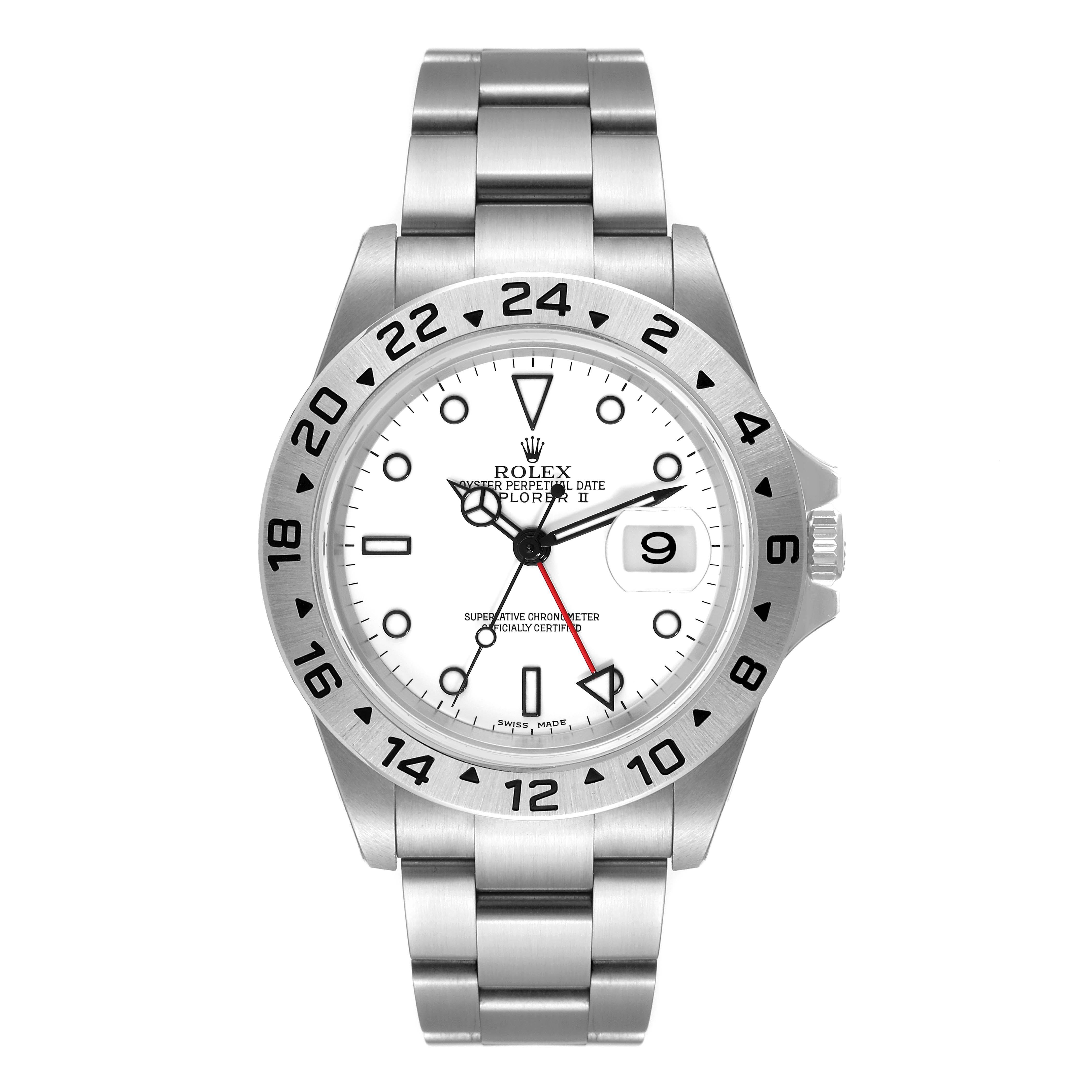 This image shows a front view of the Rolex Explorer 16570 Men
s Stainless Steel White Dial 16570 Men
s Stainless Steel White Dial watch, highlighting the dial, bezel, and bracelet.