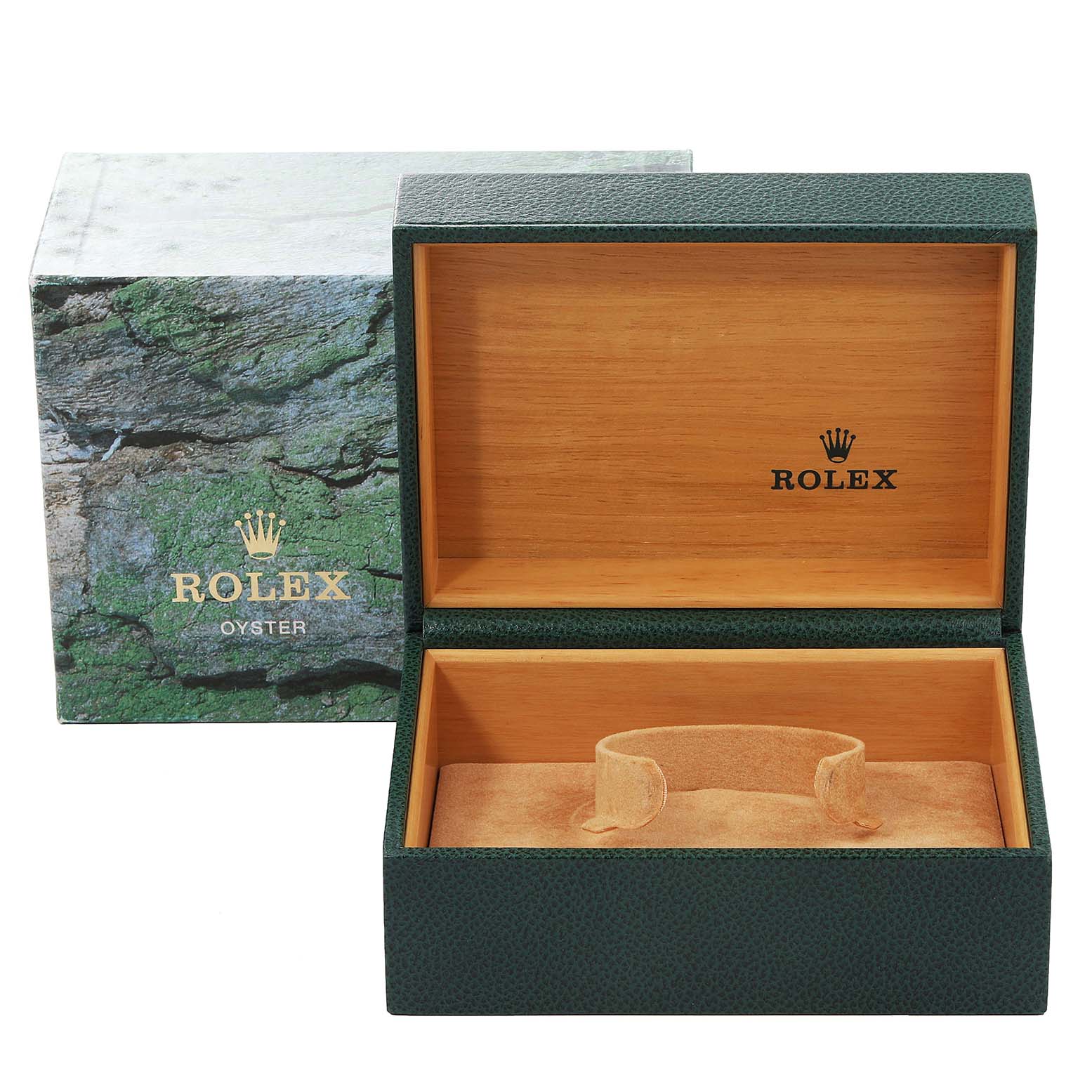 The image displays a Rolex Explorer 16570 Men
s Stainless Steel White Dial 16570 Men
s Stainless Steel White Dial model watch box and packaging, shown from an open-lid angle.