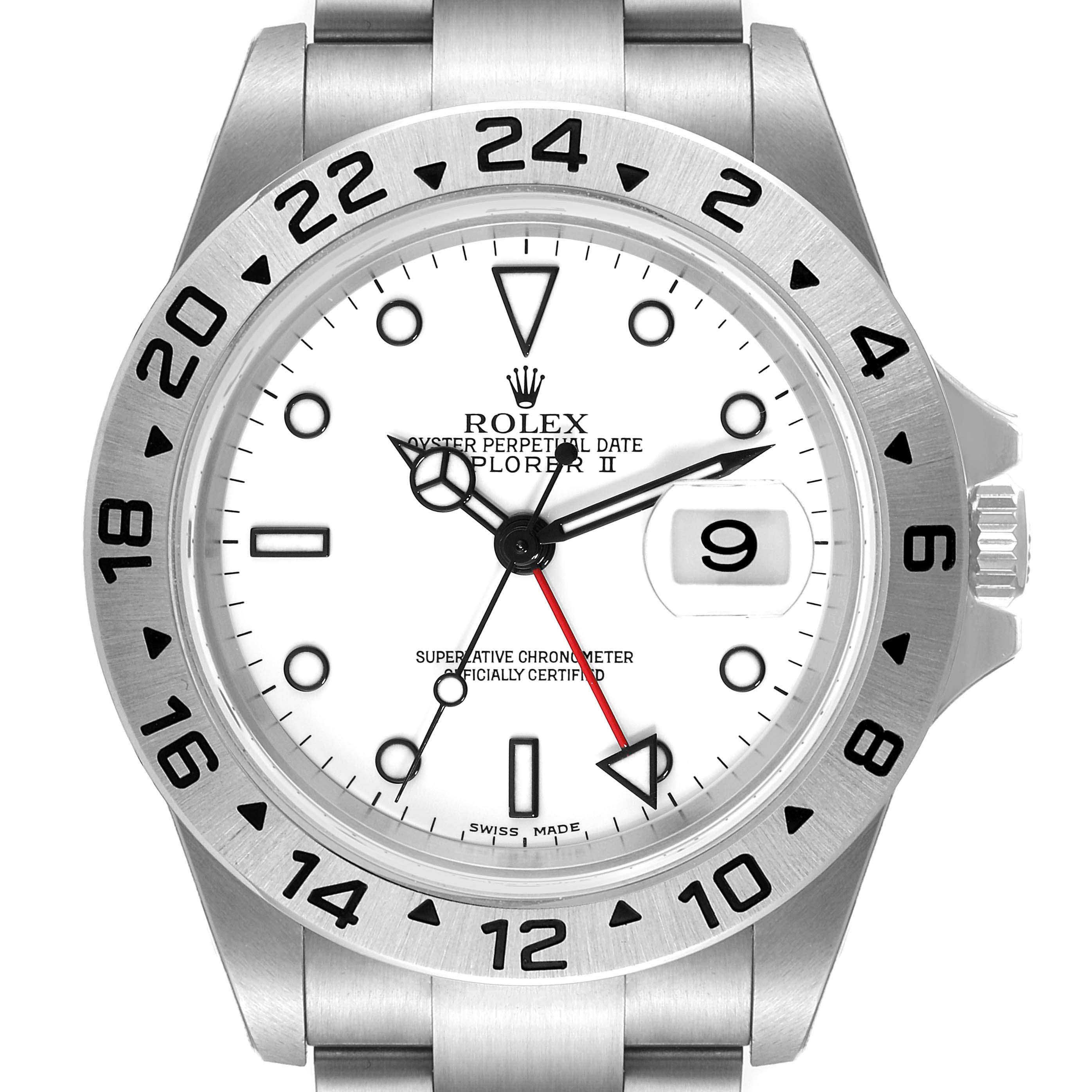 This image shows a front view of the Rolex Explorer 16570 Men
s Stainless Steel White Dial 16570 Men
s Stainless Steel White Dial watch, highlighting the dial, hands, bezel, and bracelet.