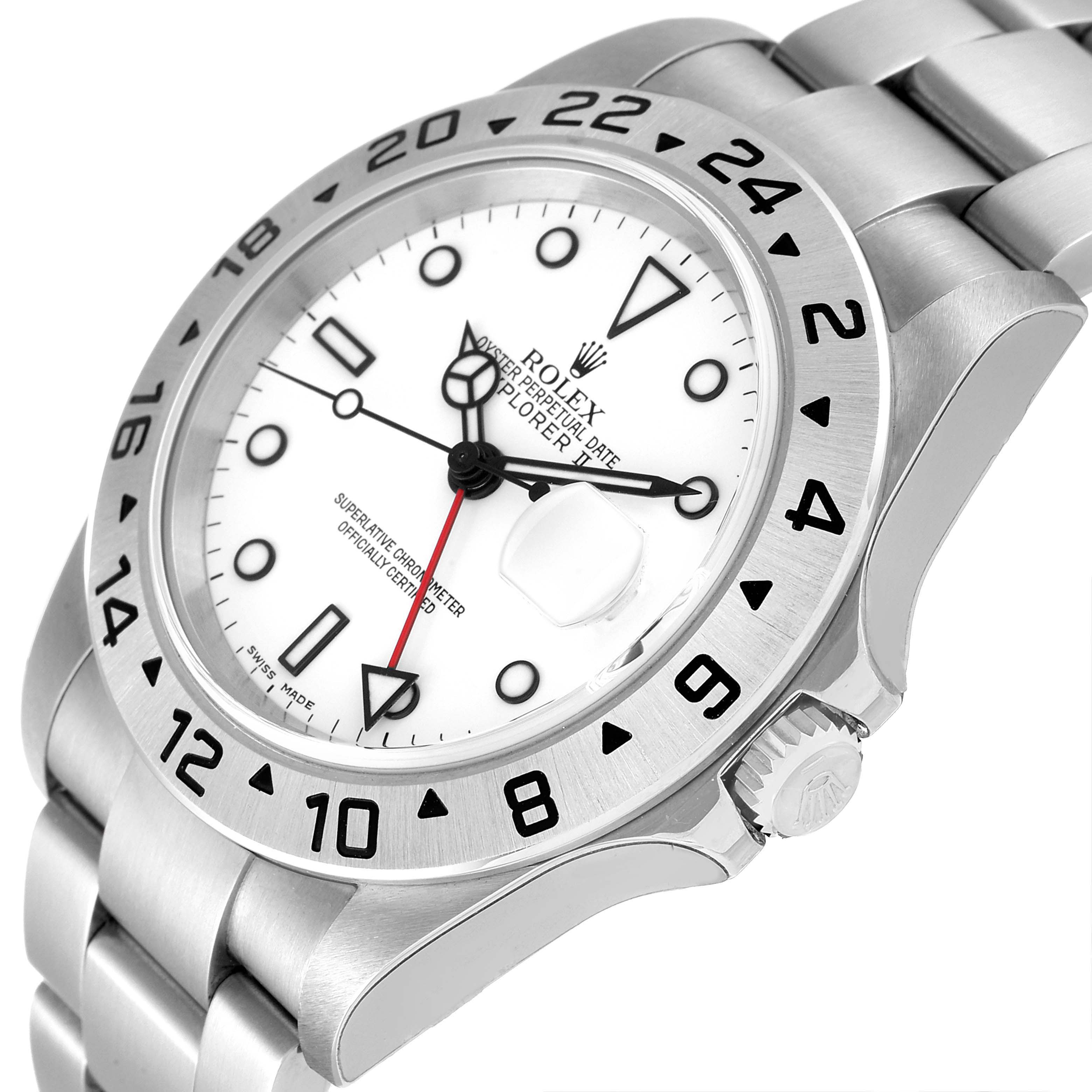 This is a close-up angle of a Rolex Explorer 16570 Men
s Stainless Steel White Dial 16570 Men
s Stainless Steel White Dial watch showing the face, bezel, crown, and part of the bracelet.