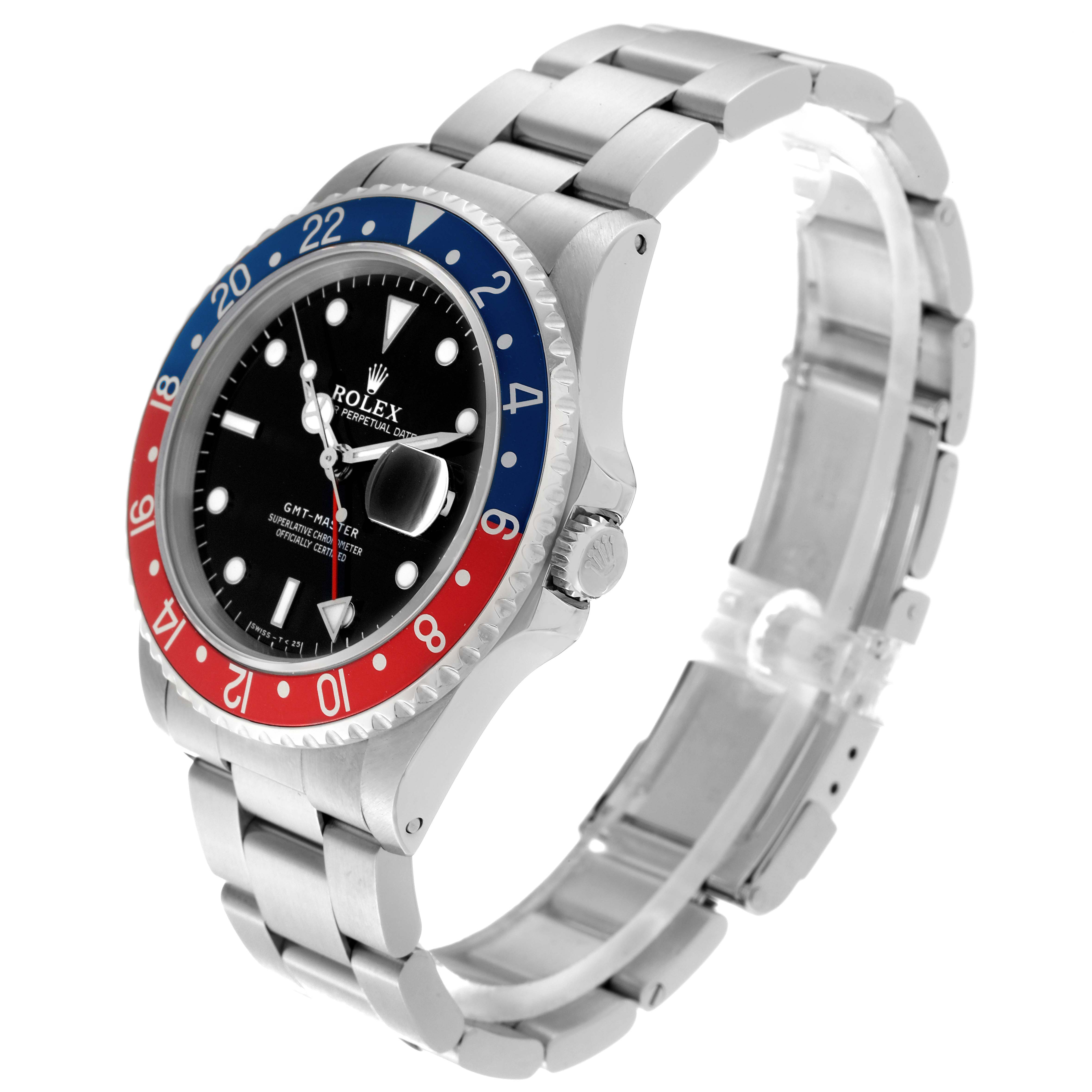 The Rolex GMT-Master 16700 Men's Stainless Steel Black Dial 16700 Men's Stainless Steel Black Dial watch is shown at a right angle, displaying its bezel, dial, crown, and bracelet.