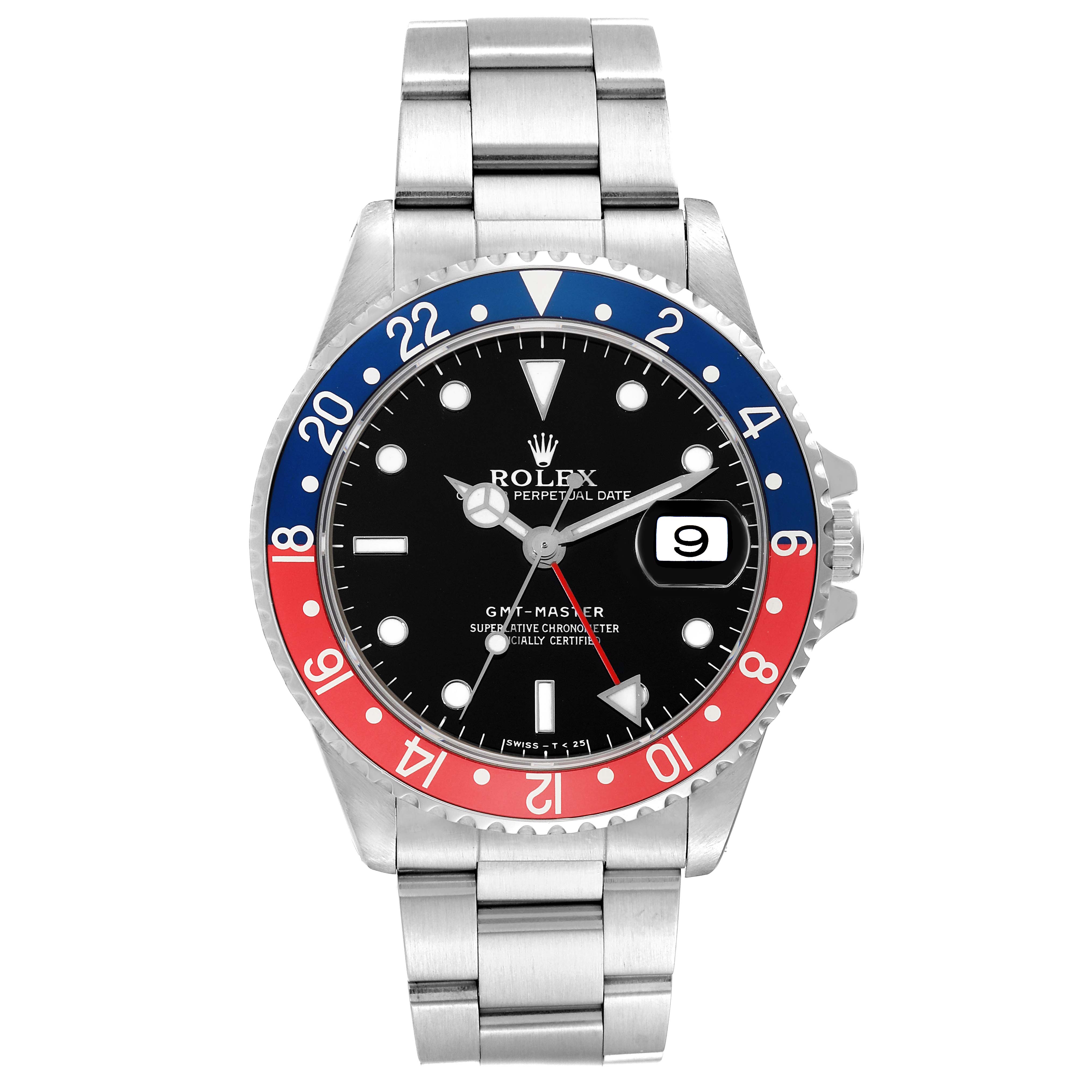The Rolex GMT-Master 16700 Men's Stainless Steel Black Dial 16700 Men's Stainless Steel Black Dial watch is shown from a front angle, highlighting the dial, bezel, and metal bracelet.