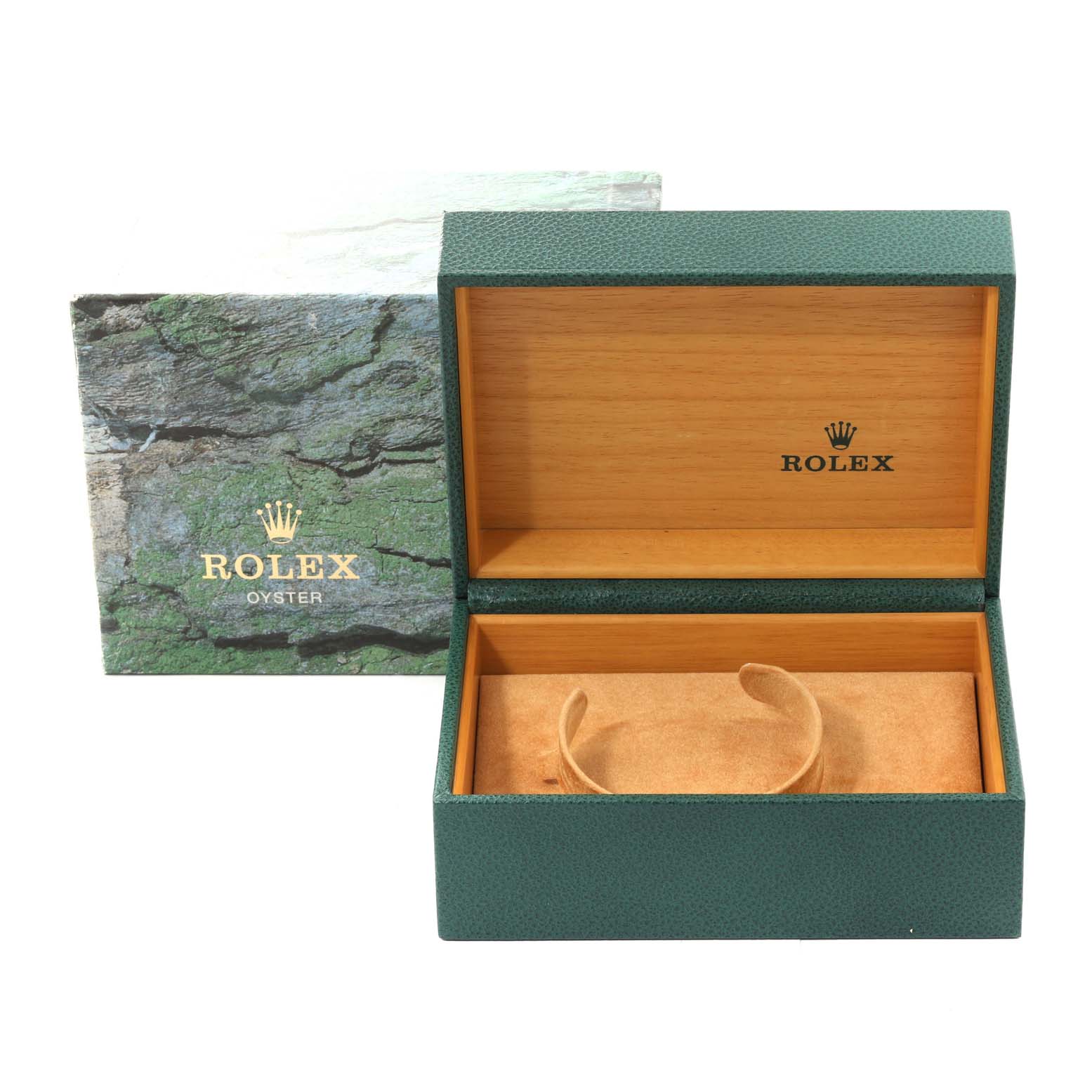 The image shows an open green Rolex GMT-Master 16700 Men's Stainless Steel Black Dial 16700 Men's Stainless Steel Black Dial watch box with a cushion inside.