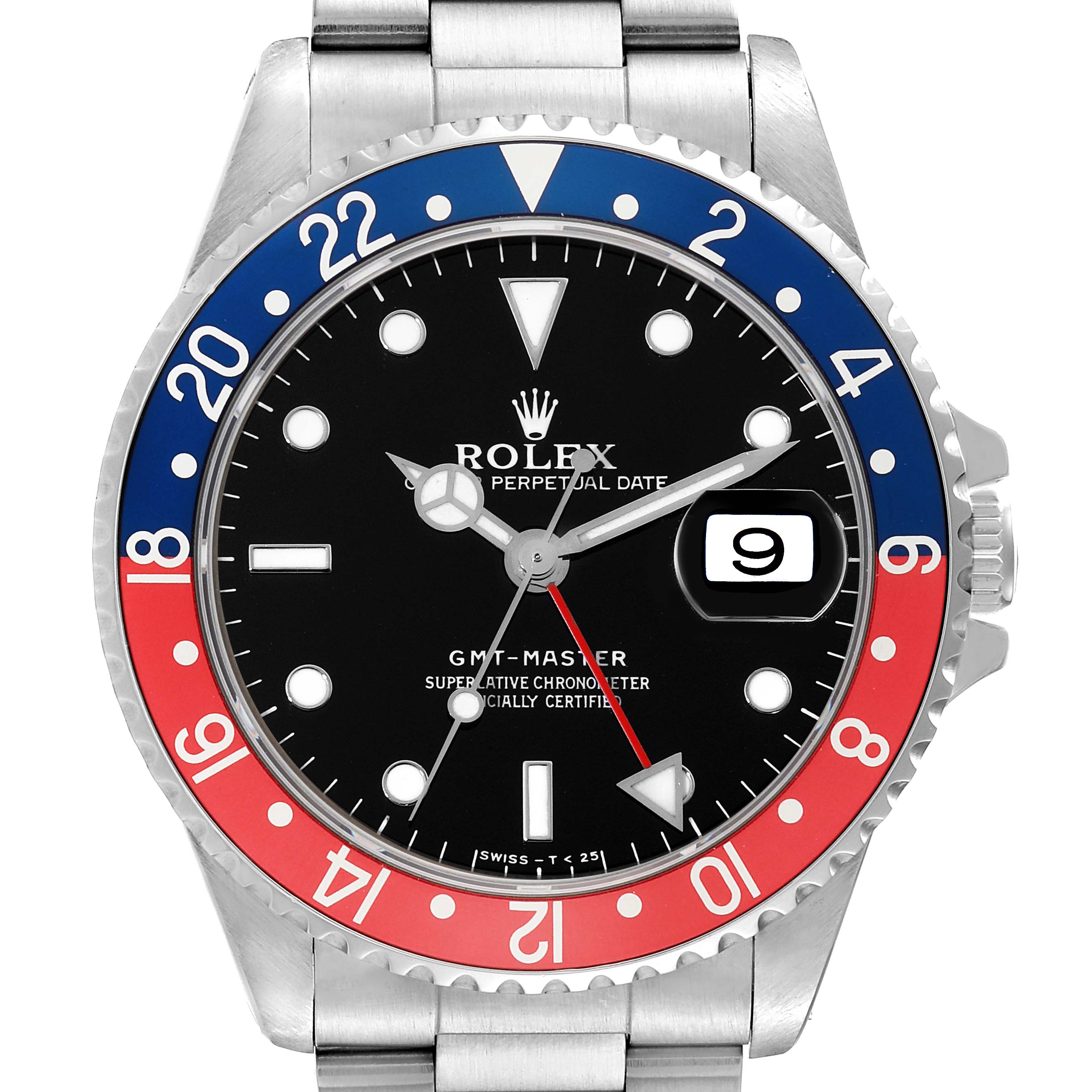 The image shows a Rolex GMT-Master 16700 Men's Stainless Steel Black Dial 16700 Men's Stainless Steel Black Dial watch with a black dial, red and blue bezel, date window, and stainless steel bracelet, viewed from the front.
