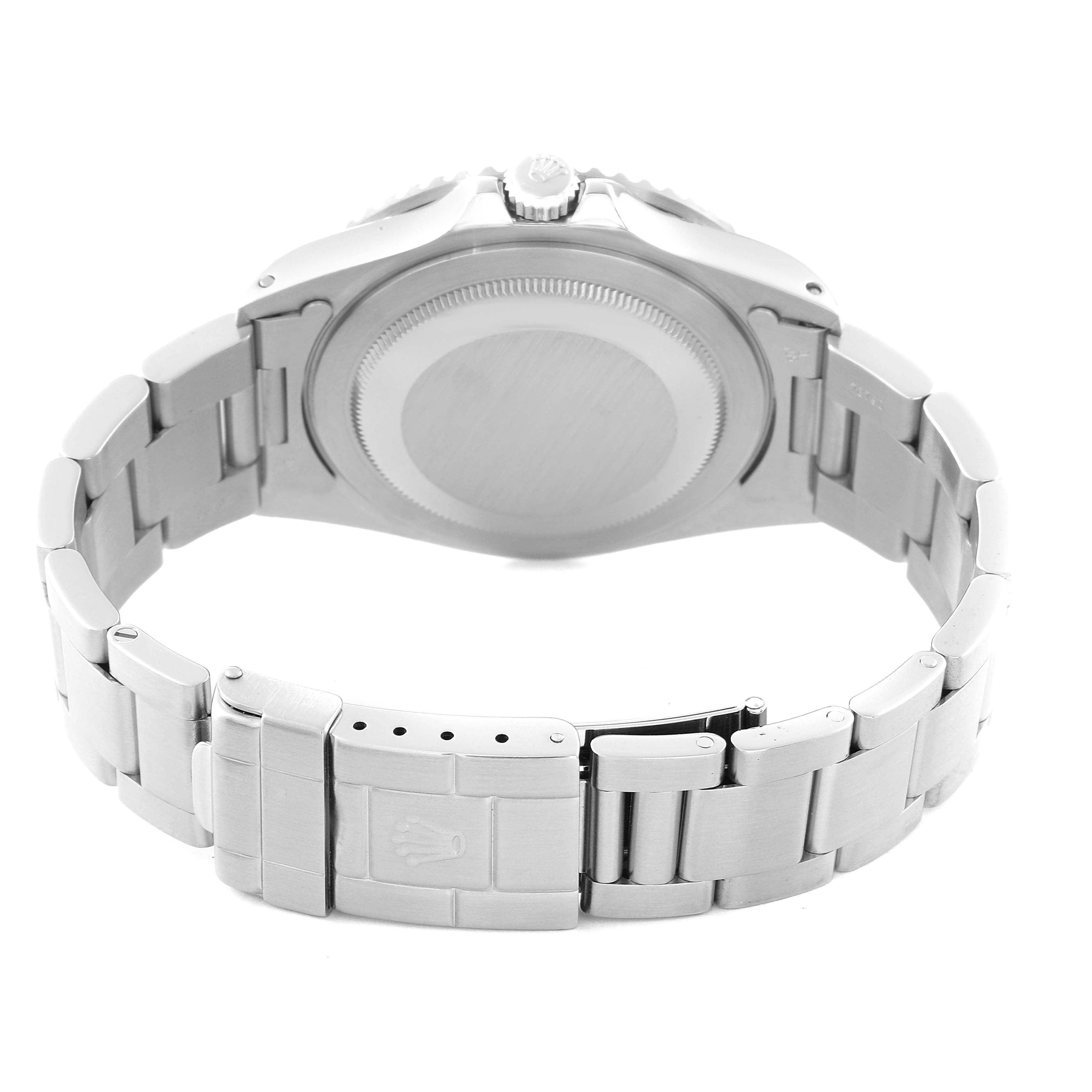 The image shows the back of a Rolex GMT-Master 16700 Men's Stainless Steel Black Dial 16700 Men's Stainless Steel Black Dial watch, focusing on the bracelet, clasp, and case back.