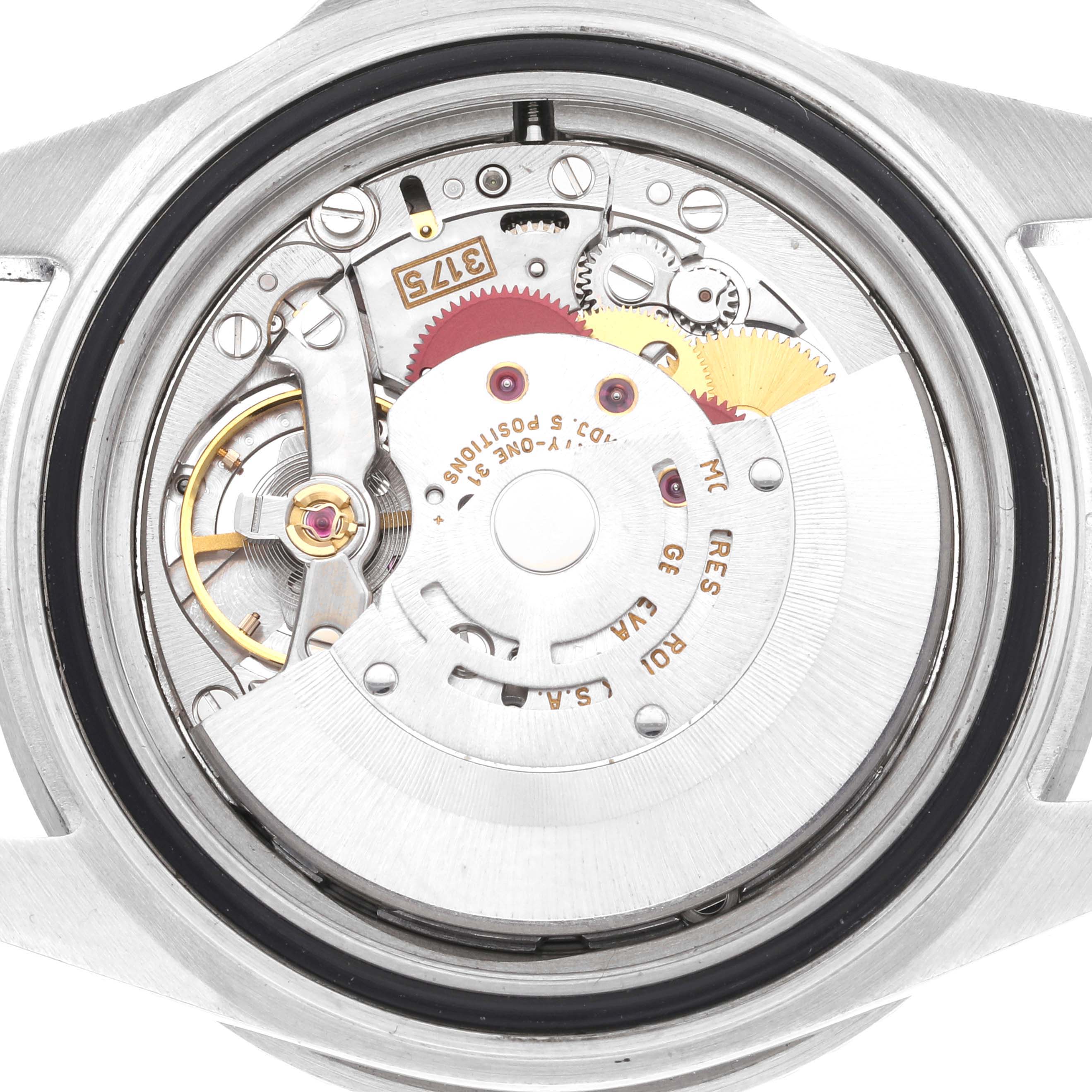 This is the movement of a Rolex GMT-Master 16700 Men's Stainless Steel Black Dial 16700 Men's Stainless Steel Black Dial watch, viewed from the back, showing the intricate gears and components.