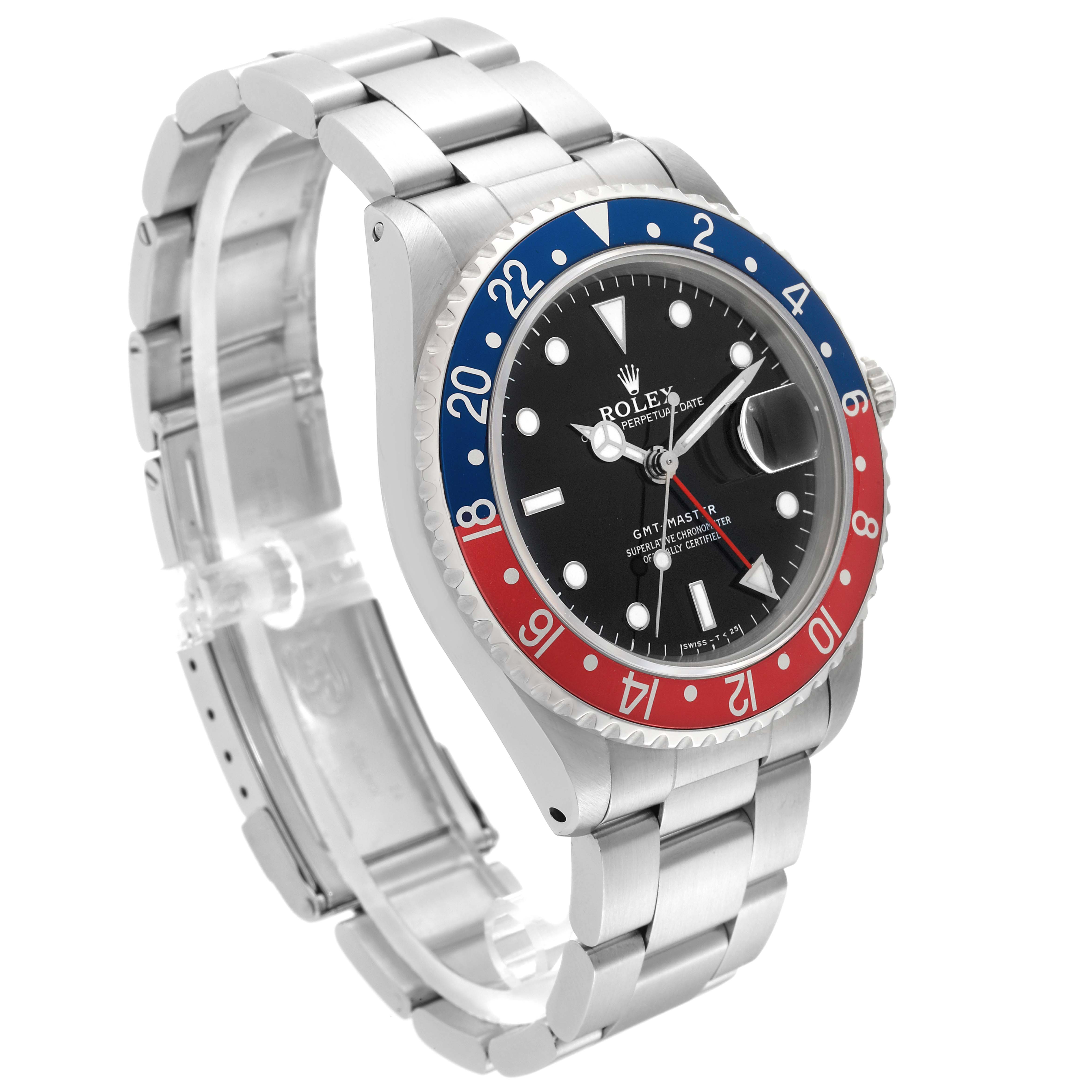 This image shows a Rolex GMT-Master 16700 Men's Stainless Steel Black Dial 16700 Men's Stainless Steel Black Dial watch from an angled top view, displaying its face, bezel, band, and crown.