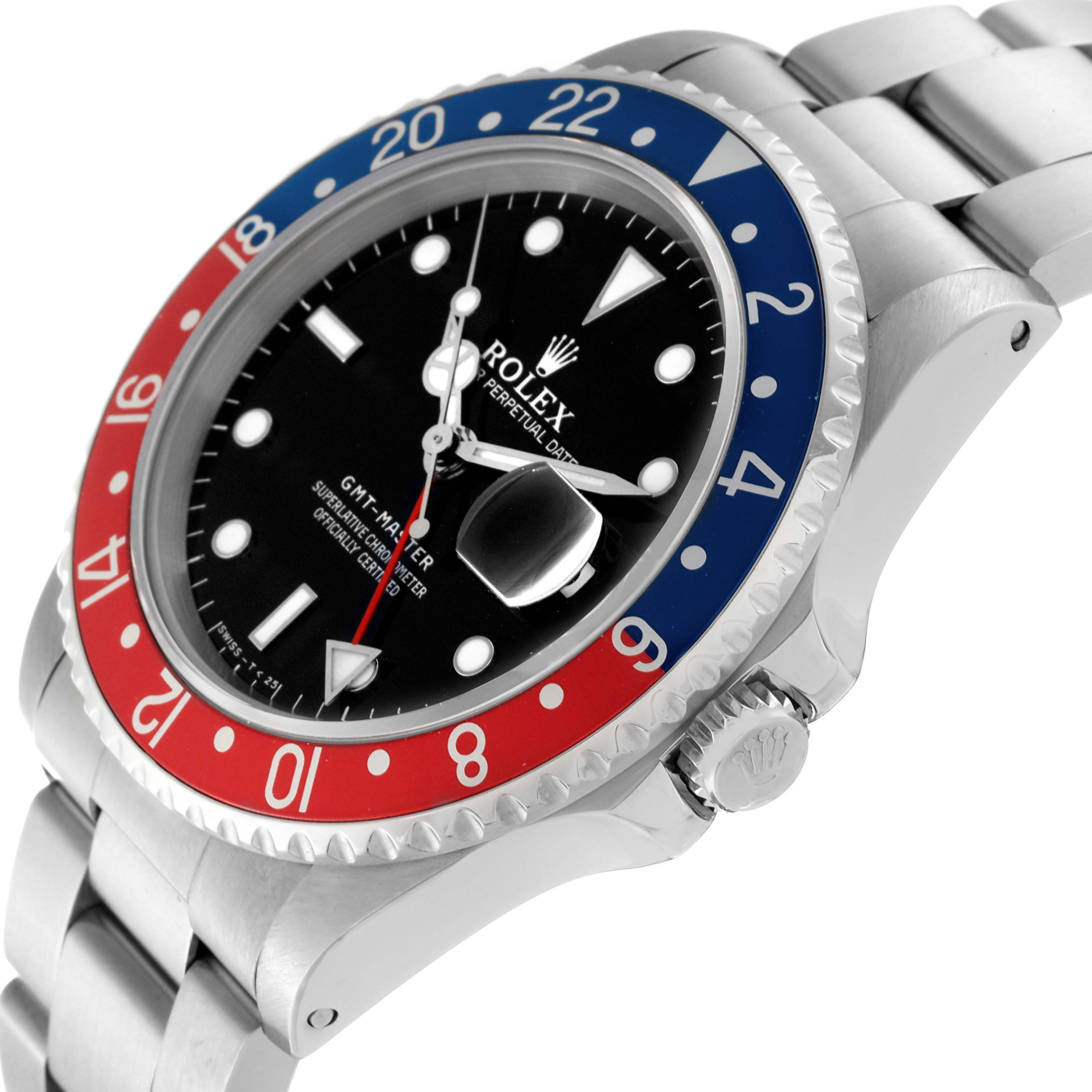 The Rolex GMT-Master 16700 Men's Stainless Steel Black Dial 16700 Men's Stainless Steel Black Dial watch is shown at an angle highlighting the bezel, crown, and part of the bracelet.