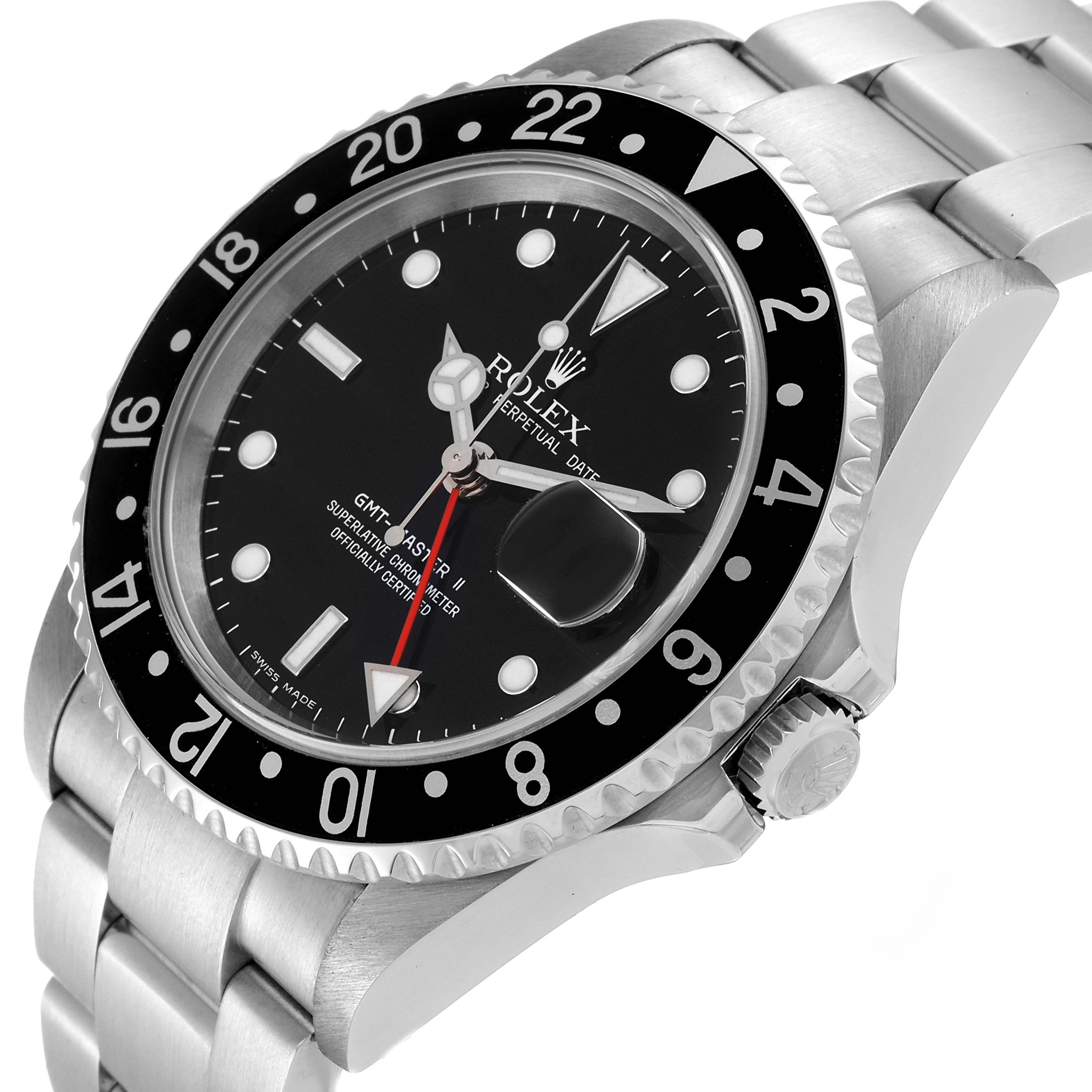 The image shows a close-up angle of a Rolex GMT-Master 16710 Men
s Stainless Steel Black Dial 16710 Men
s Stainless Steel Black Dial watch, highlighting the dial, bezel, and part of the bracelet.