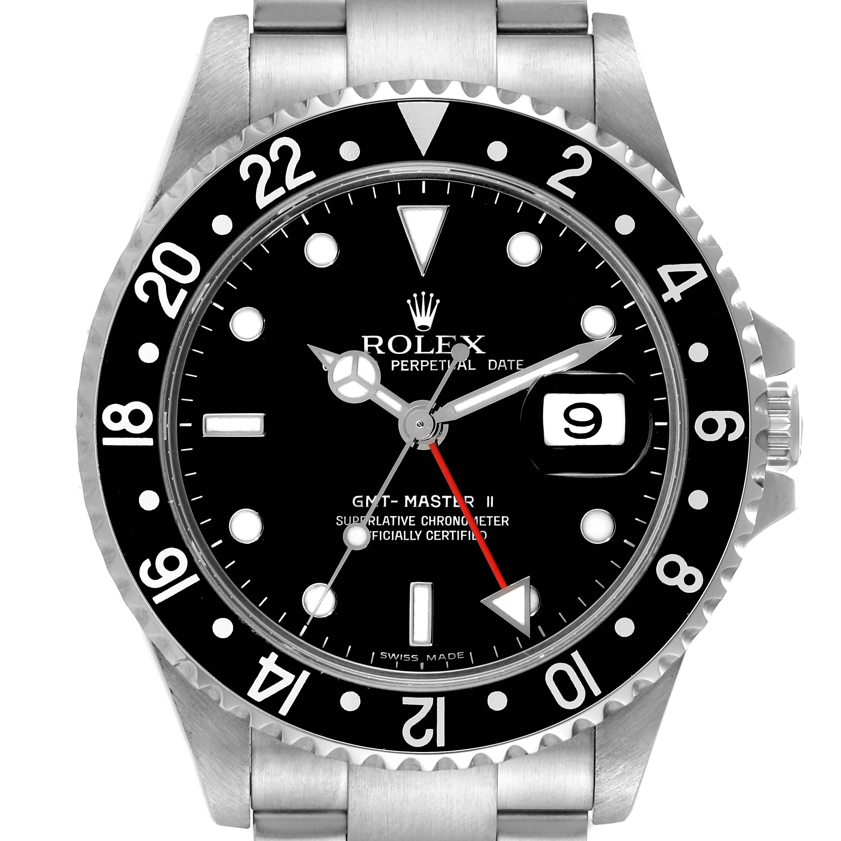 This is a close-up front view of a Rolex GMT-Master 16710 Men
s Stainless Steel Black Dial 16710 Men
s Stainless Steel Black Dial II watch showing the bezel, dial, hands, date window, and part of the bracelet.