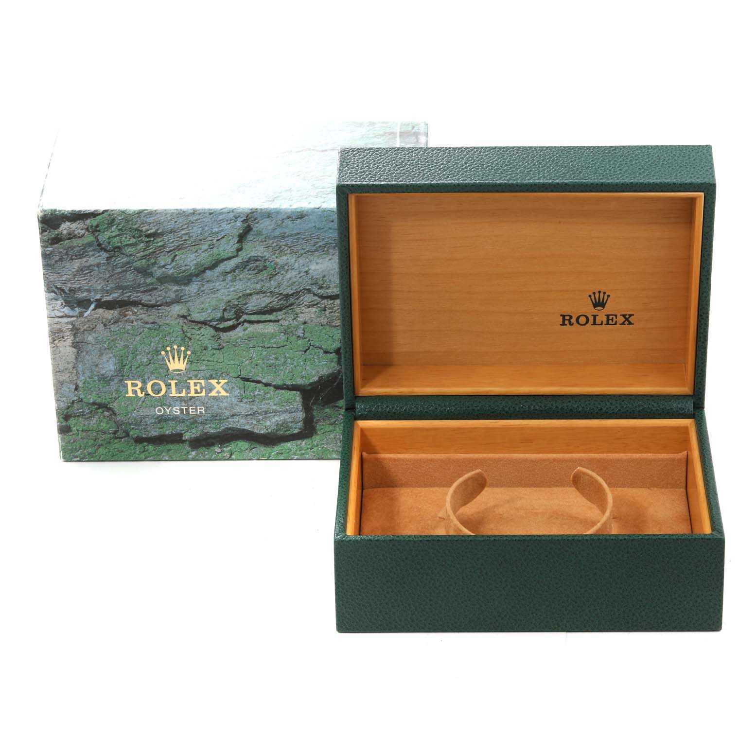 The image shows an open Rolex watch box for a GMT-Master model, revealing the interior lining and watch cushion.