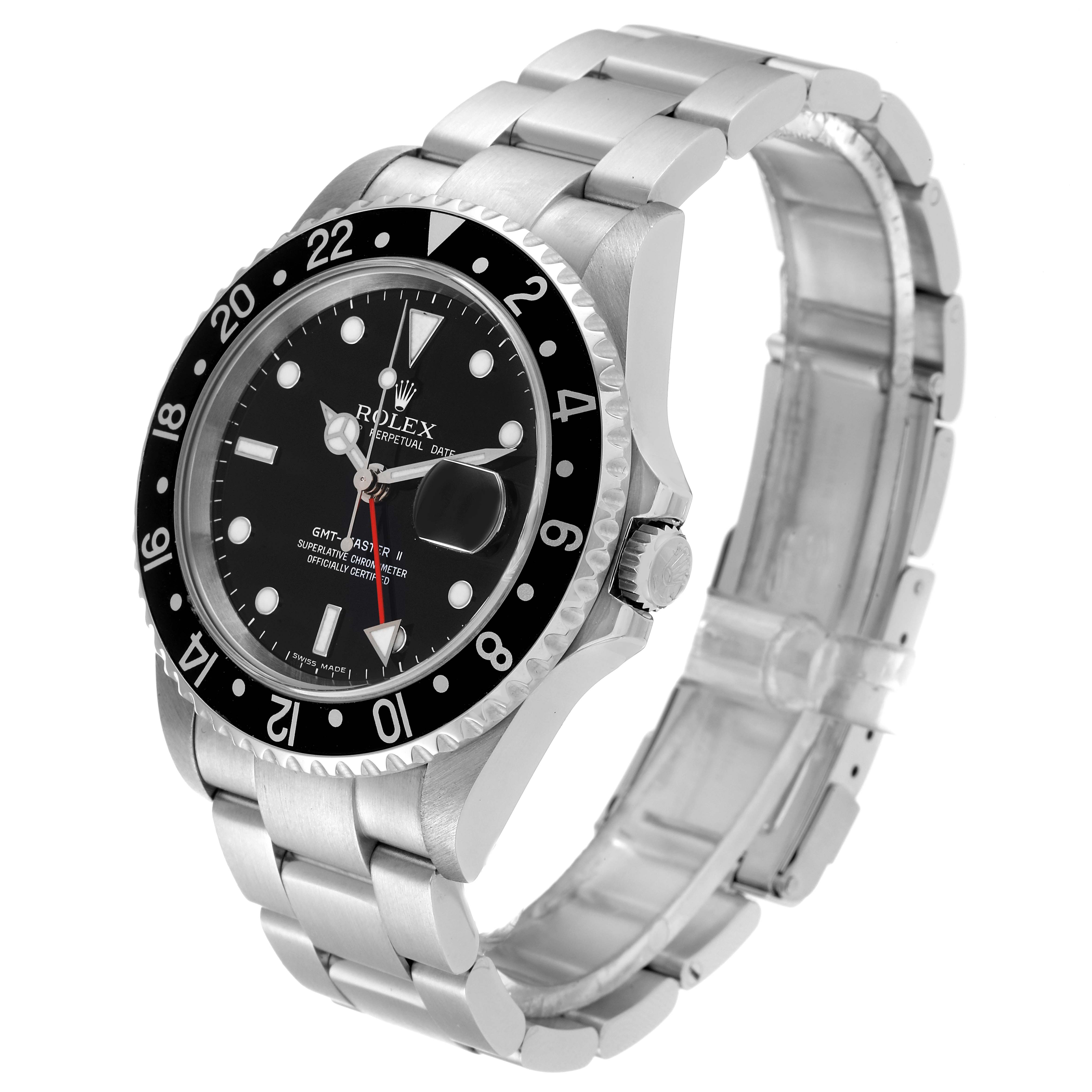 This image shows a side angle of the Rolex GMT-Master 16710 Men
s Stainless Steel Black Dial 16710 Men
s Stainless Steel Black Dial II watch, showcasing its dial, bezel, and bracelet.