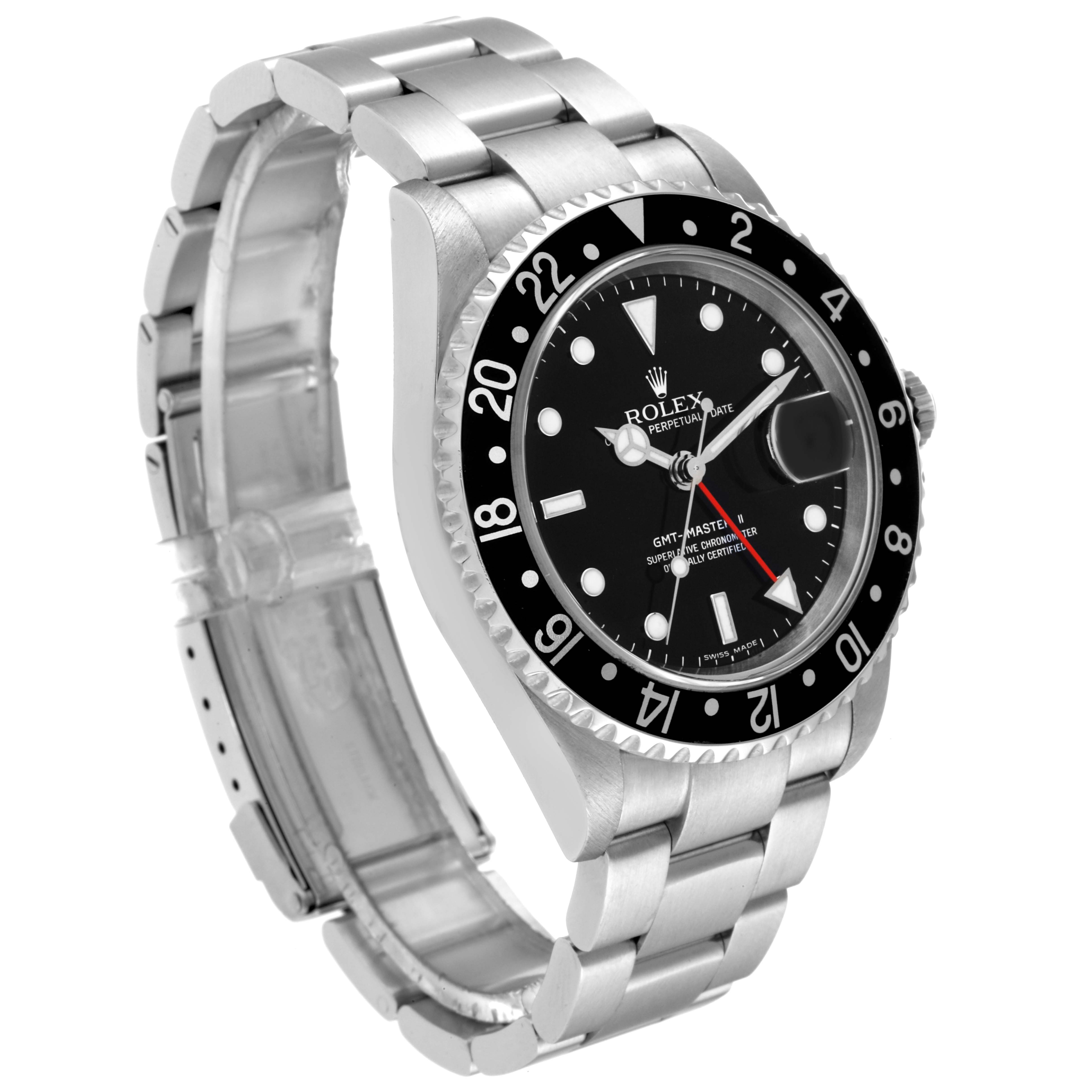 This image shows the front and side angle of a Rolex GMT-Master 16710 Men
s Stainless Steel Black Dial 16710 Men
s Stainless Steel Black Dial watch, highlighting its dial, bezel, and bracelet.