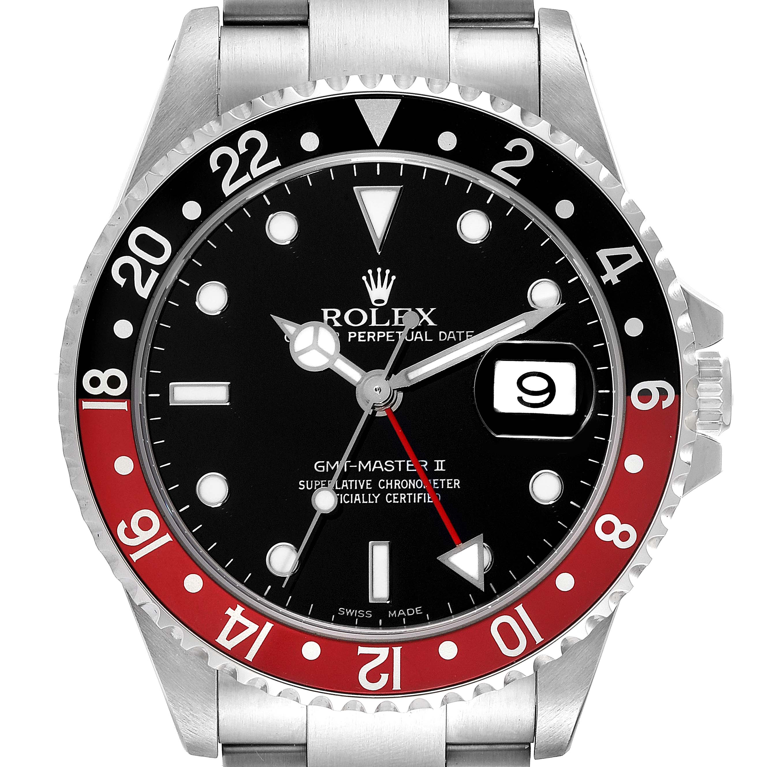 The Rolex GMT-Master 16710 Men
s Stainless Steel Black Dial 16710 Men
s Stainless Steel Black Dial watch is shown from the front, highlighting its face, bezel, and part of the bracelet.