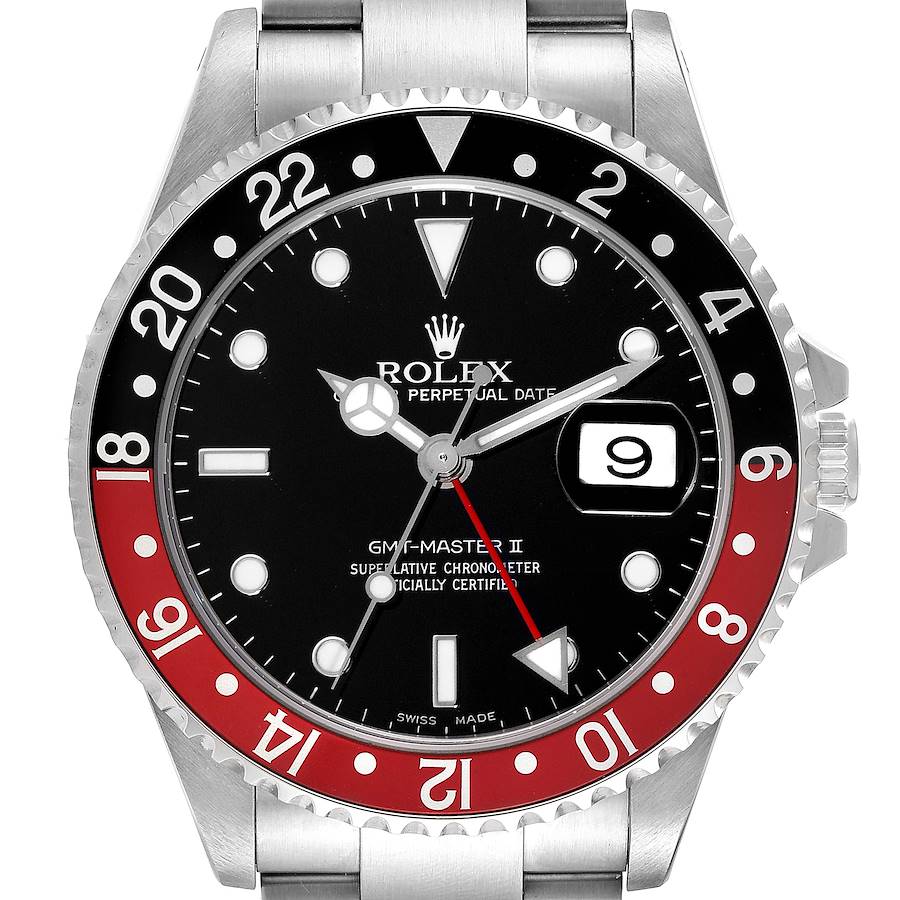 Rolex GMT Master II Black Red Coke Bezel Steel Watch 16710 SwissWatchExpo