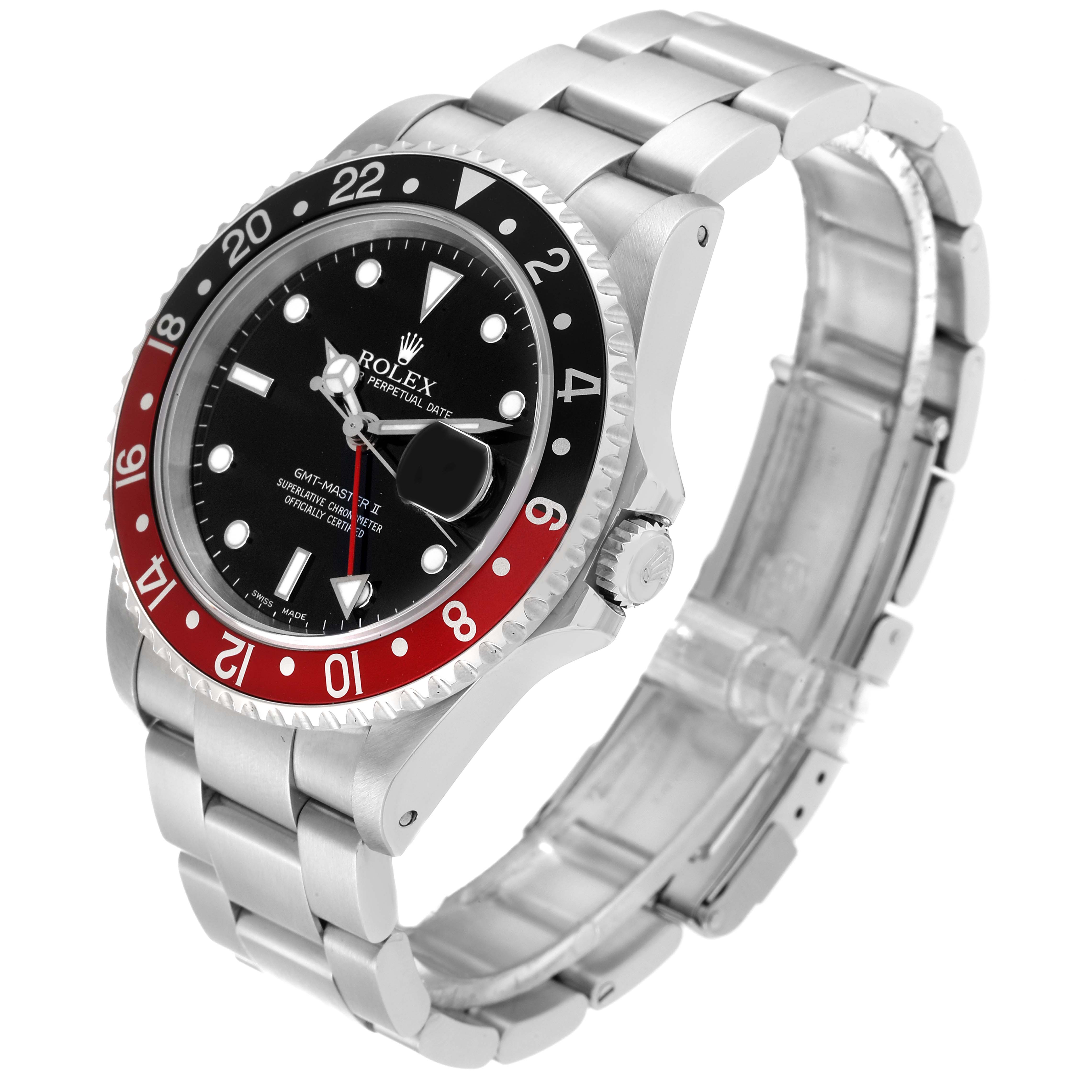 The image shows a Rolex GMT-Master 16710 Men
s Stainless Steel Black Dial 16710 Men
s Stainless Steel Black Dial watch at a three-quarter angle, displaying its bezel, crown, dial, and bracelet.