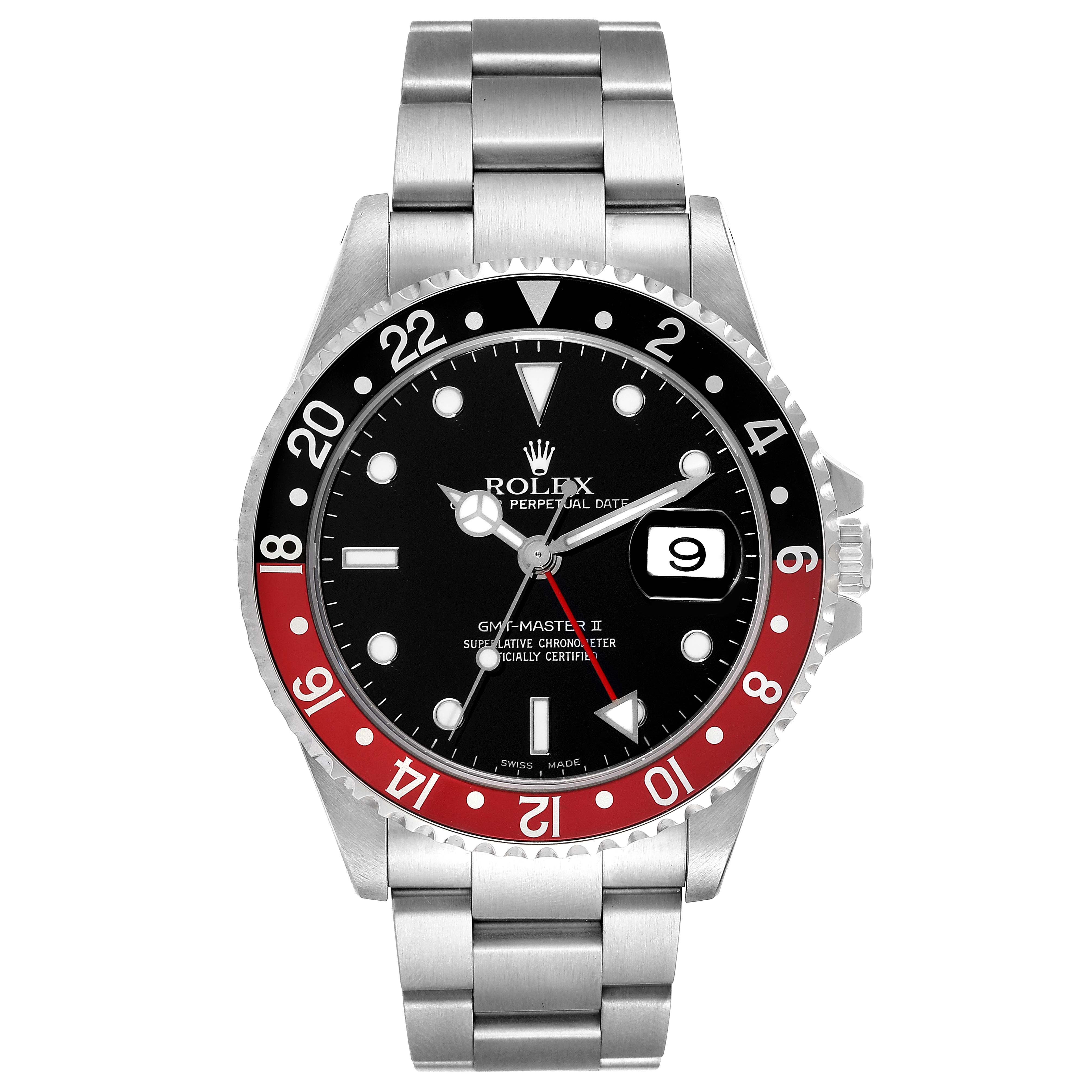 This image shows a front view of a Rolex GMT-Master 16710 Men
s Stainless Steel Black Dial 16710 Men
s Stainless Steel Black Dial II watch, highlighting the dial, bezel, and bracelet.