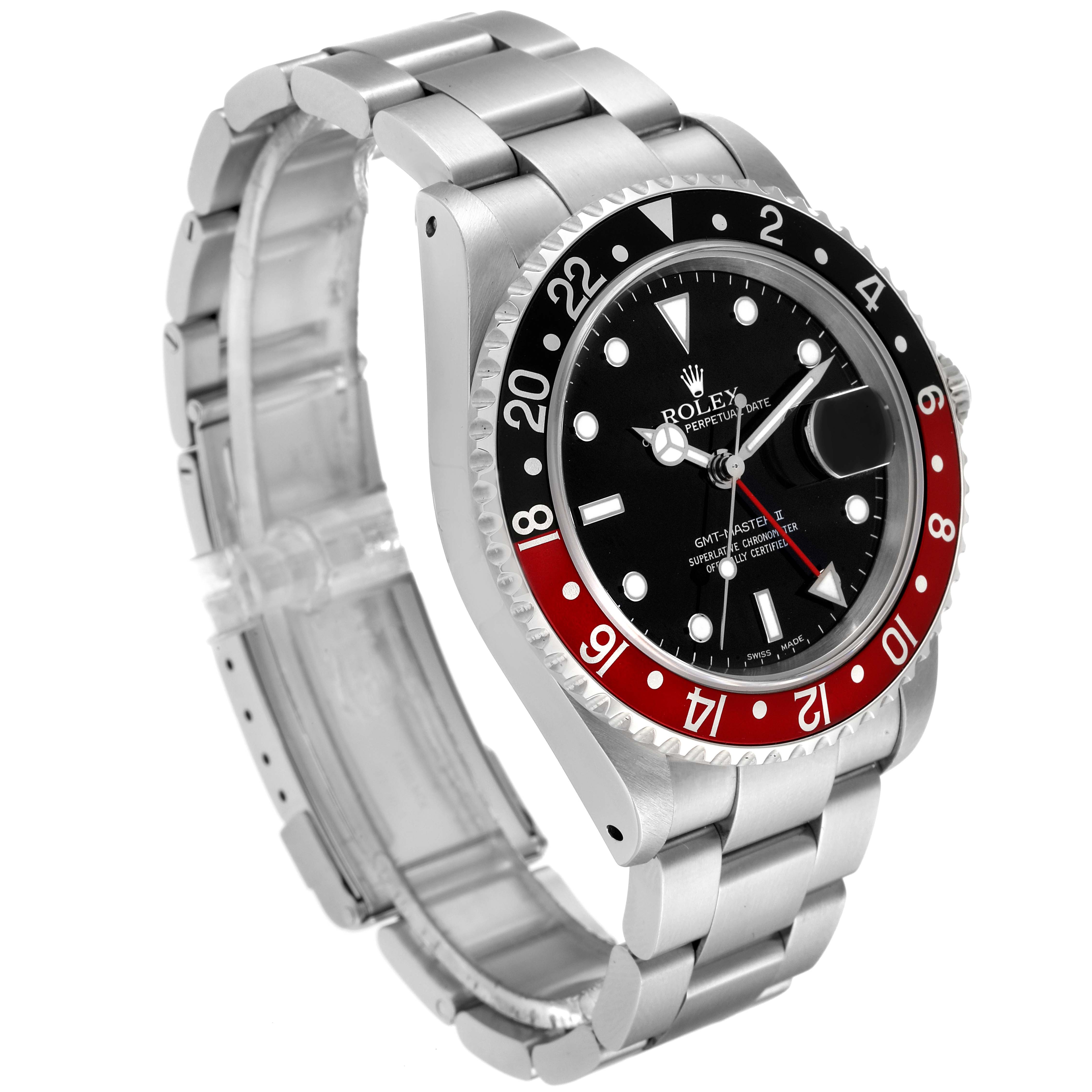 The image shows a Rolex GMT-Master 16710 Men
s Stainless Steel Black Dial 16710 Men
s Stainless Steel Black Dial watch at a three-quarter angle, showcasing the bezel, dial, and bracelet.