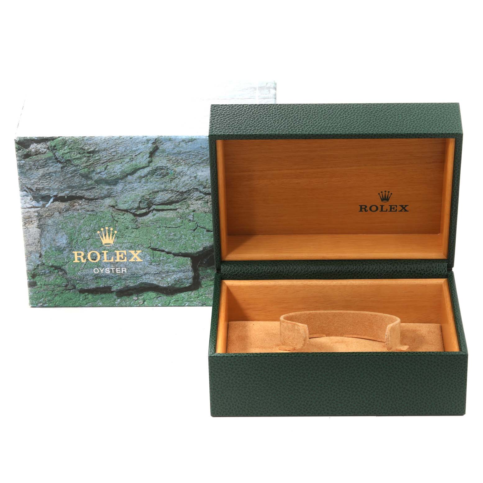 The image shows an open Rolex GMT-Master 16710 Men
s Stainless Steel Black Dial 16710 Men
s Stainless Steel Black Dial watch box and its outer packaging from a front angle.