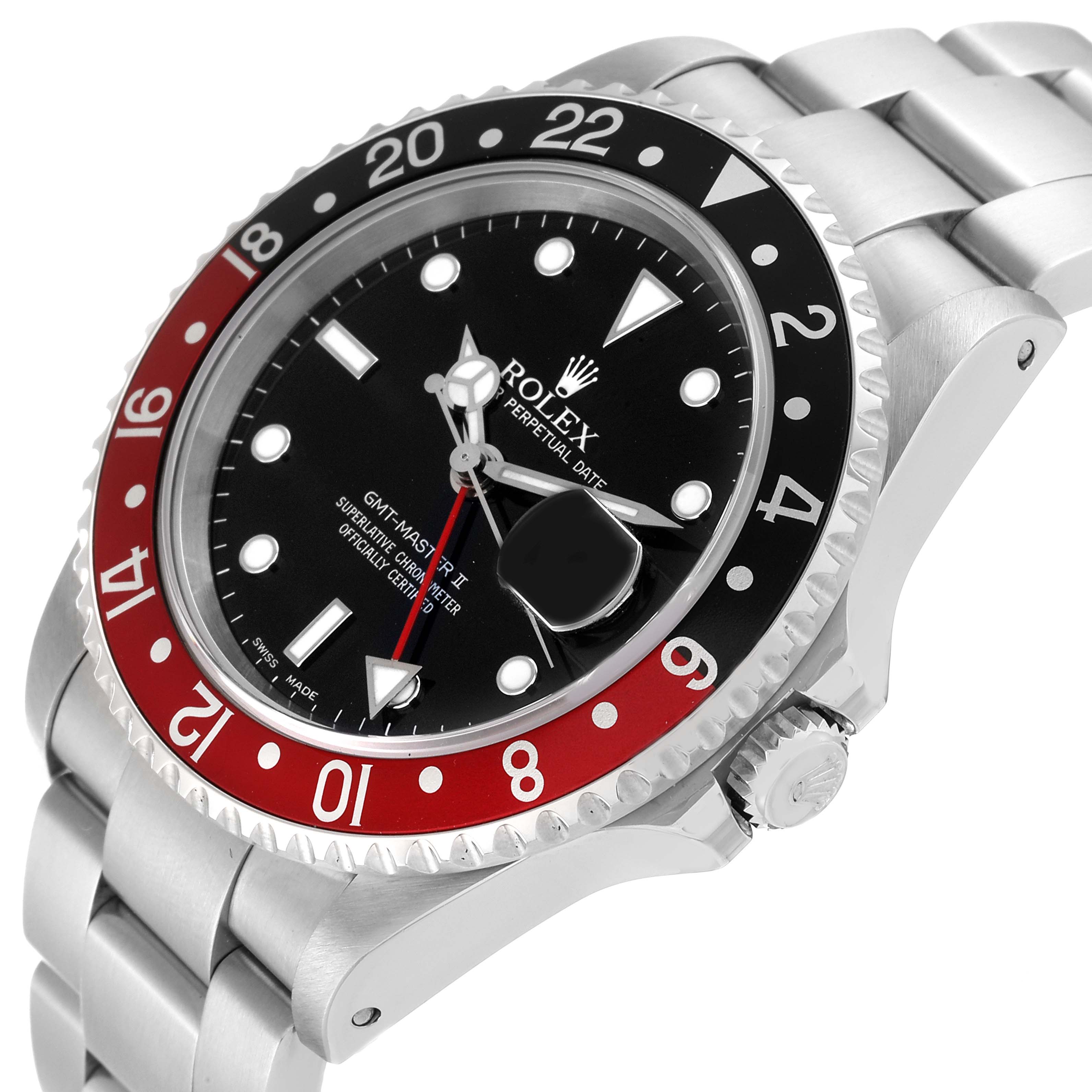 This image shows a close-up of the Rolex GMT-Master 16710 Men
s Stainless Steel Black Dial 16710 Men
s Stainless Steel Black Dial II watch from a side angle, focusing on the dial, bezel, and part of the bracelet.