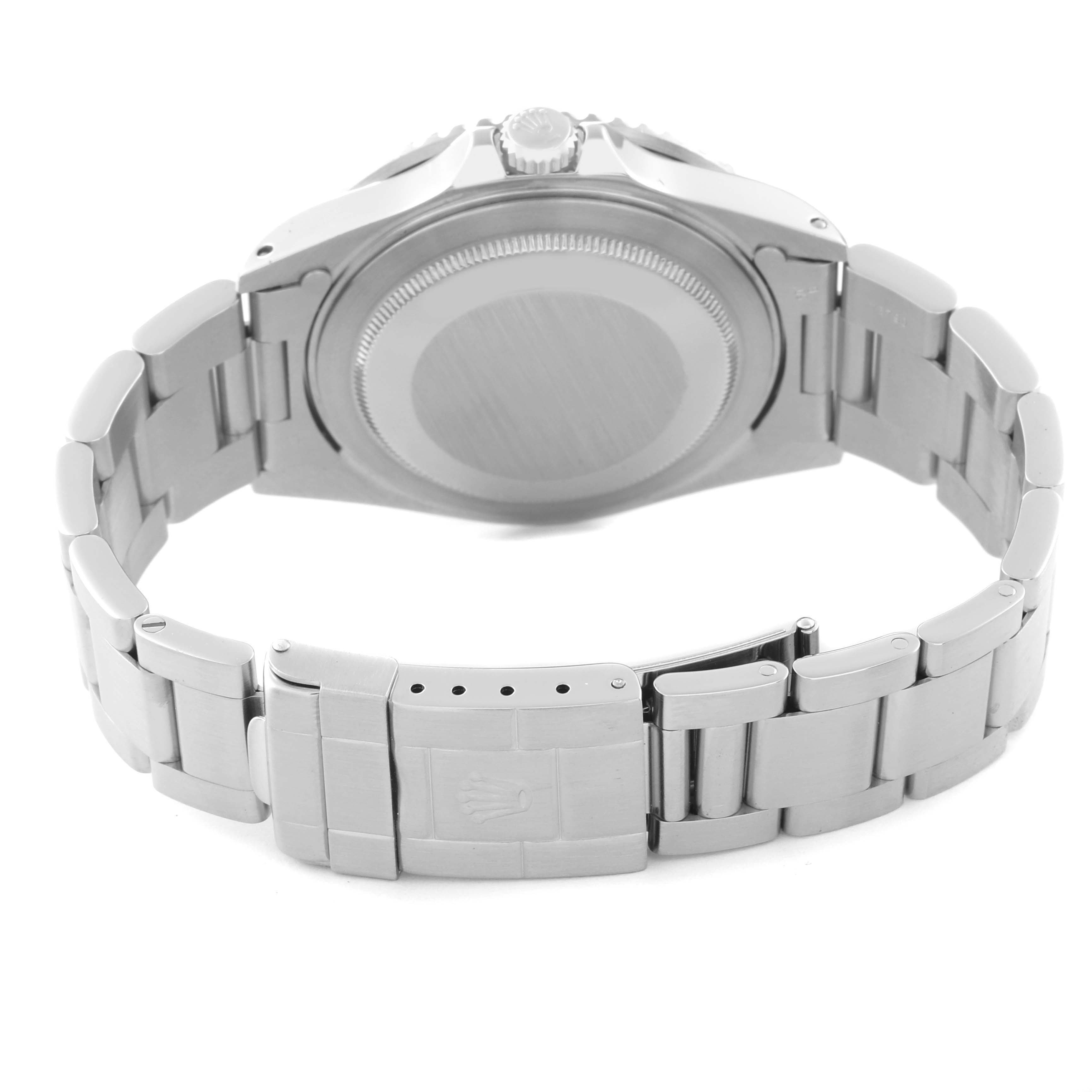 The image shows the back and bracelet of a Rolex GMT-Master 16710 Men's Stainless Steel Black Dial 16710 Men's Stainless Steel Black Dial watch at a slight top-down angle.