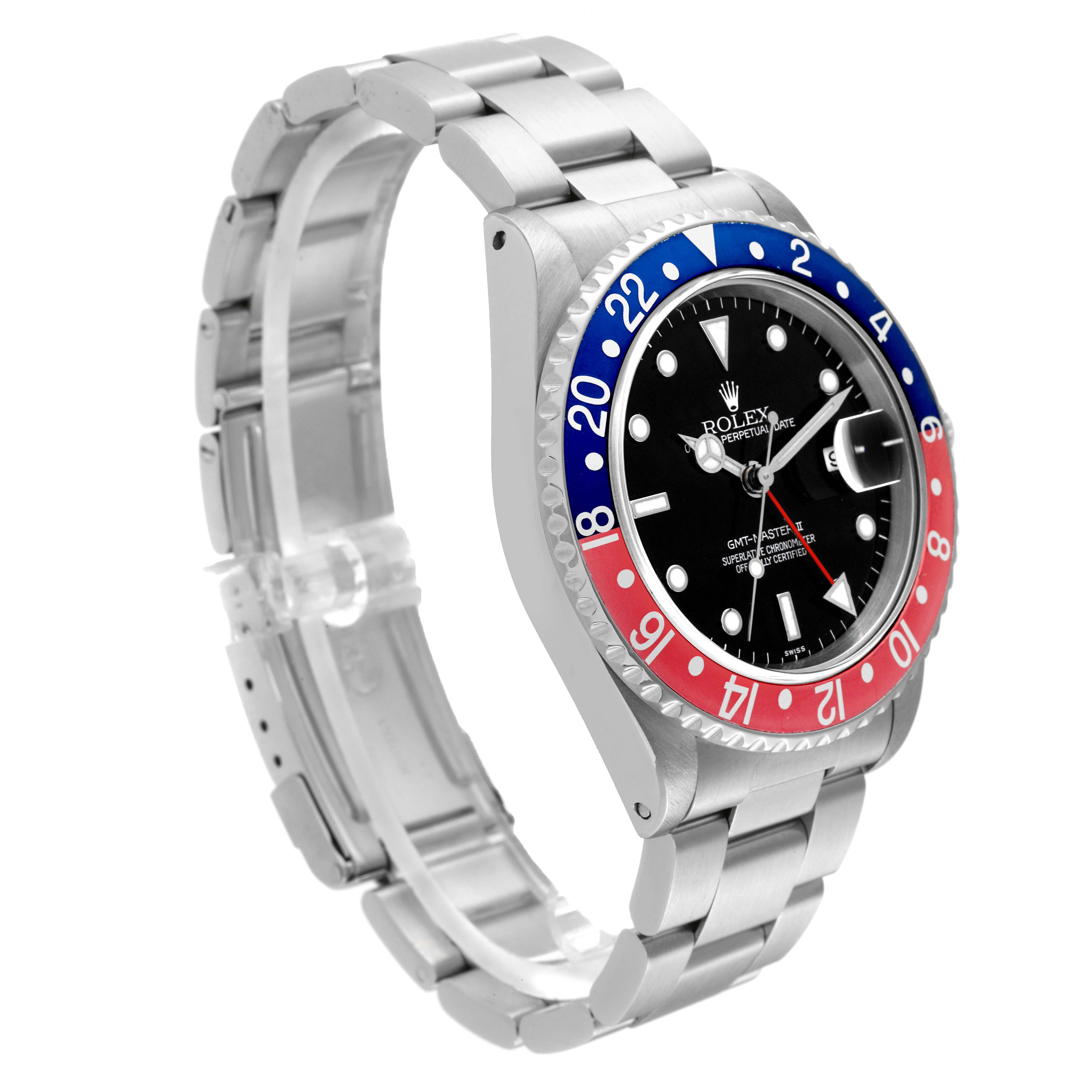 The image shows a Rolex GMT-Master 16710 Men's Stainless Steel Black Dial 16710 Men's Stainless Steel Black Dial watch at a slight angle, displaying the bezel, dial, and part of the bracelet.