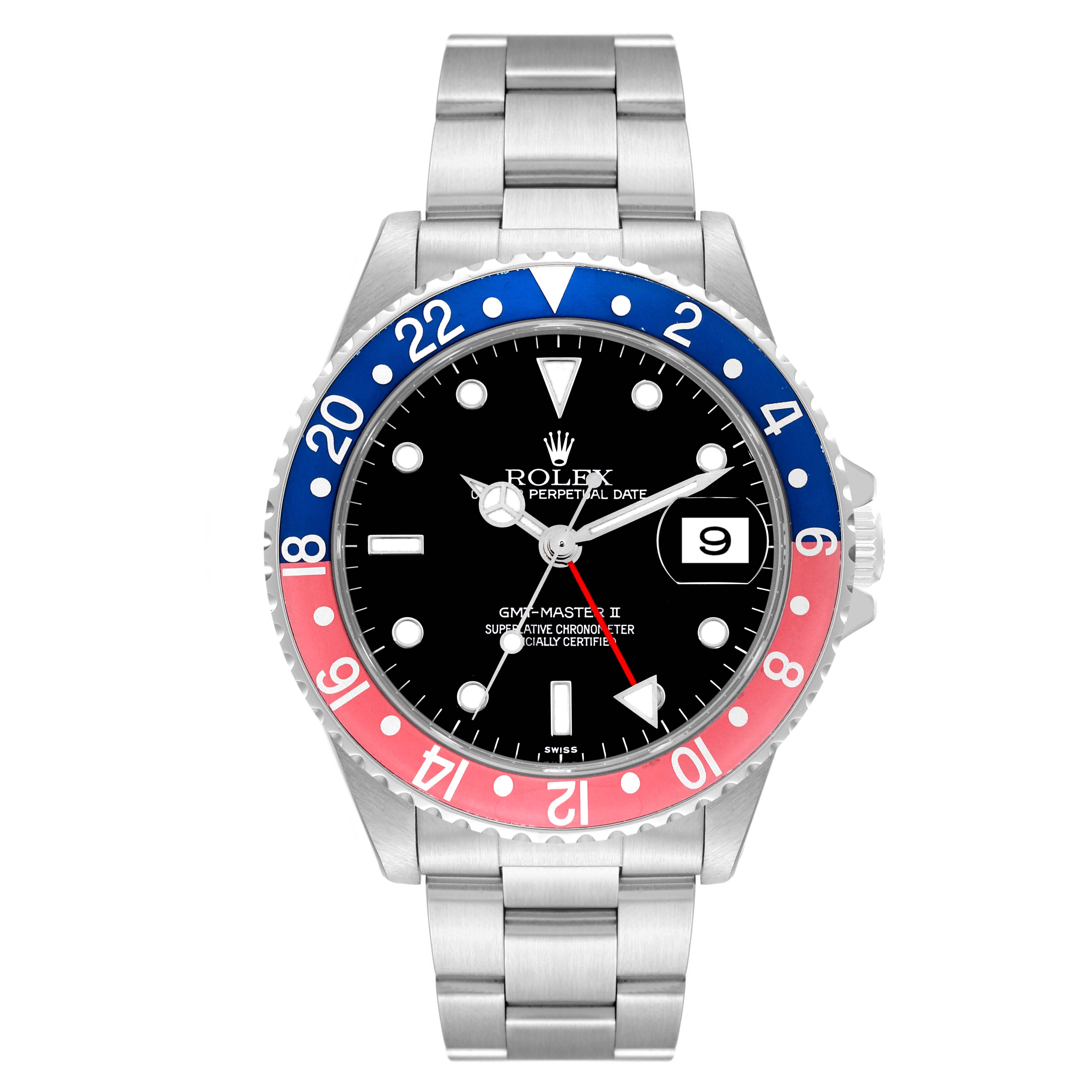 This image shows a front view of a Rolex GMT-Master 16710 Men's Stainless Steel Black Dial 16710 Men's Stainless Steel Black Dial II watch, displaying the bezel, dial, hands, and bracelet.