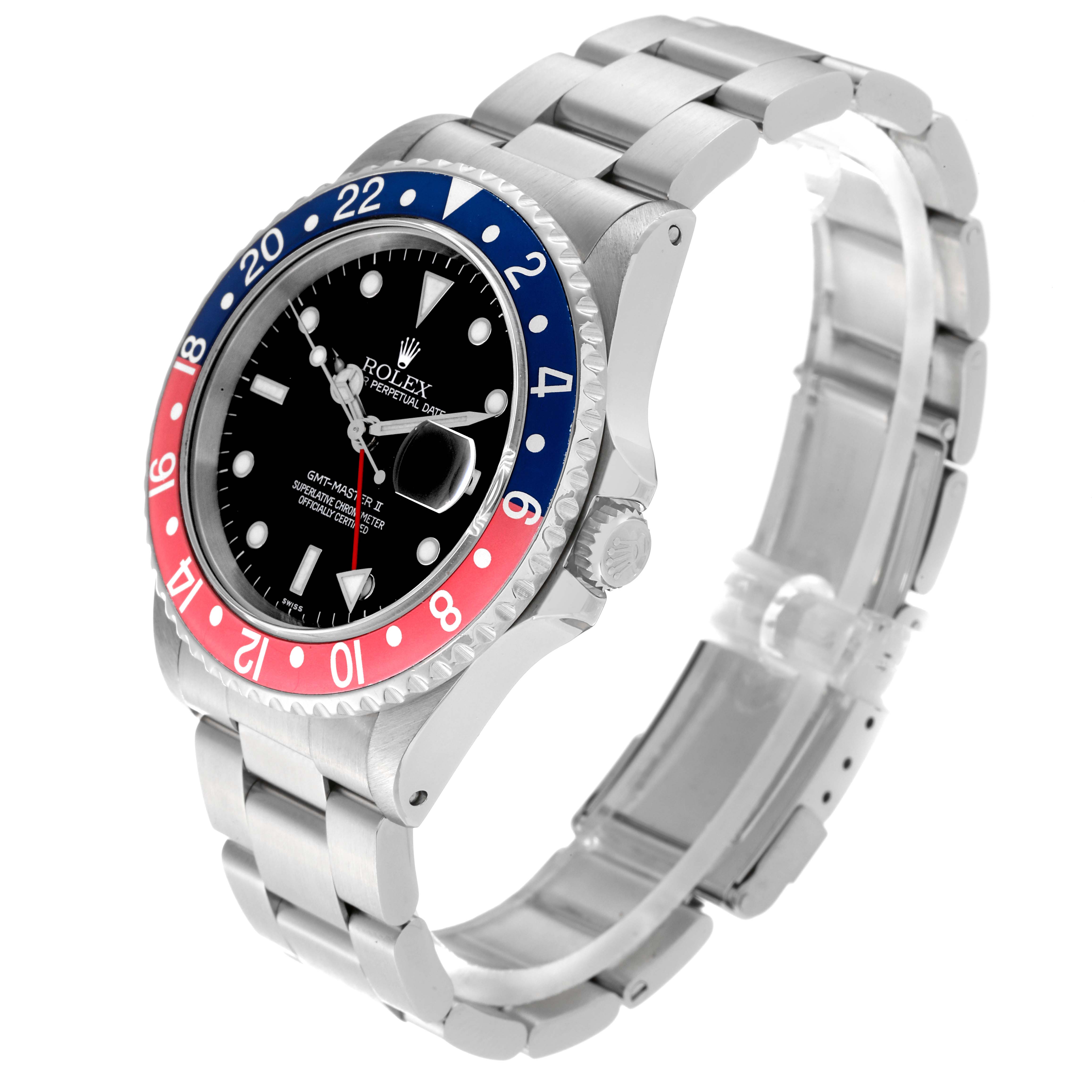 The image shows a side-angle view of a Rolex GMT-Master 16710 Men's Stainless Steel Black Dial 16710 Men's Stainless Steel Black Dial watch with a "Pepsi" bezel and stainless steel bracelet.