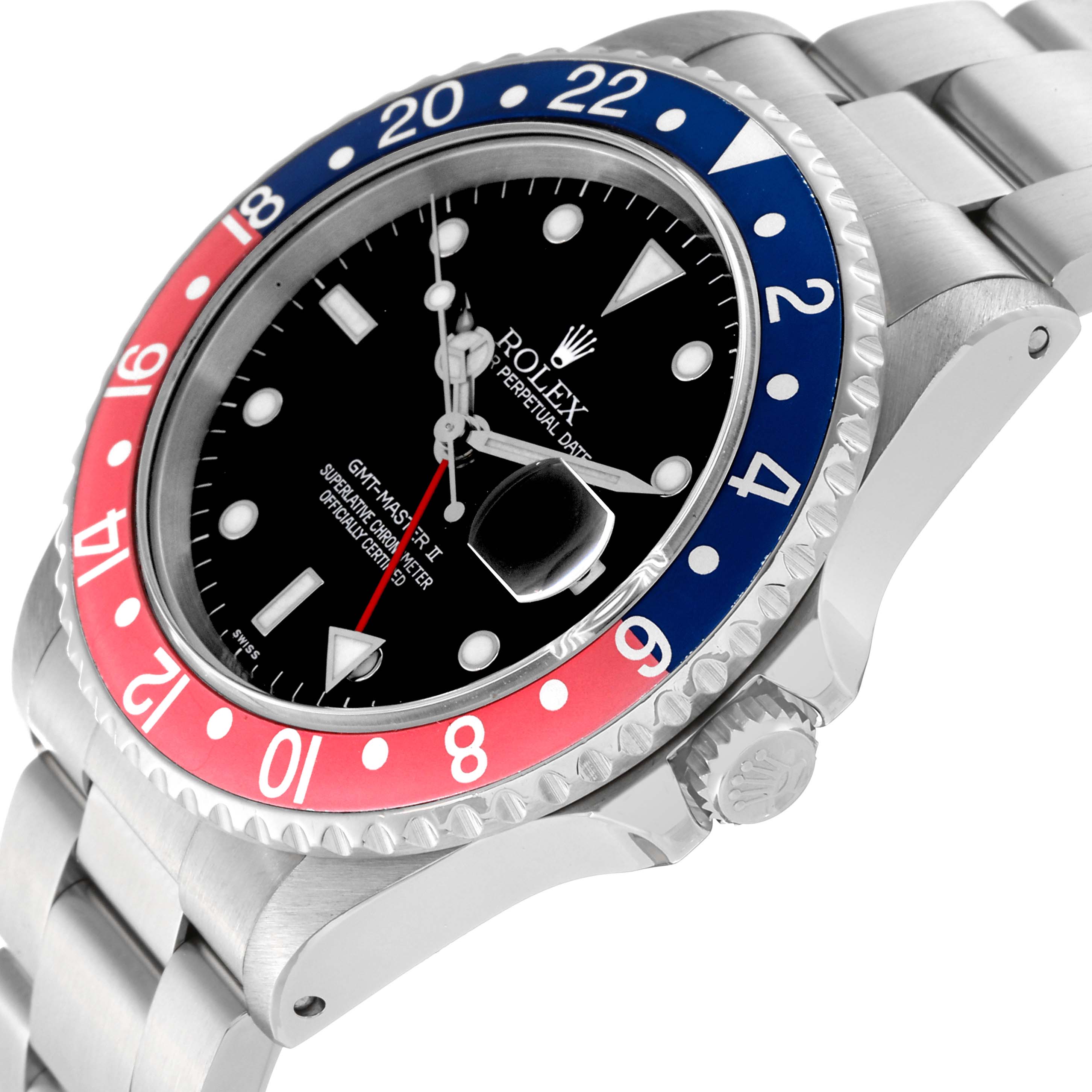 This image shows a side view of the Rolex GMT-Master 16710 Men's Stainless Steel Black Dial 16710 Men's Stainless Steel Black Dial watch, highlighting the bezel, crown, and bracelet.
