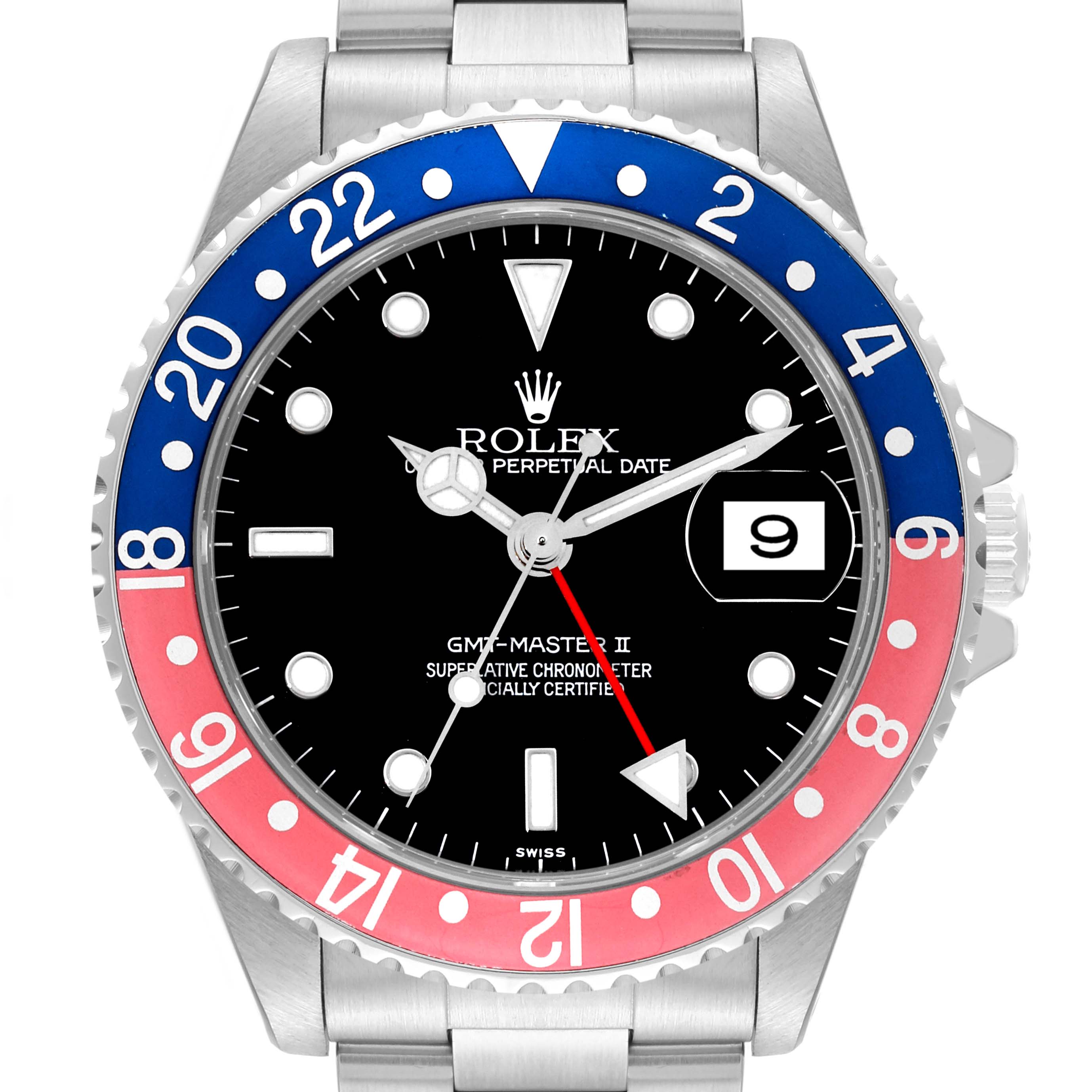 The image shows a front view of the Rolex GMT-Master 16710 Men's Stainless Steel Black Dial 16710 Men's Stainless Steel Black Dial II watch, highlighting the dial, bezel, hands, and date window.