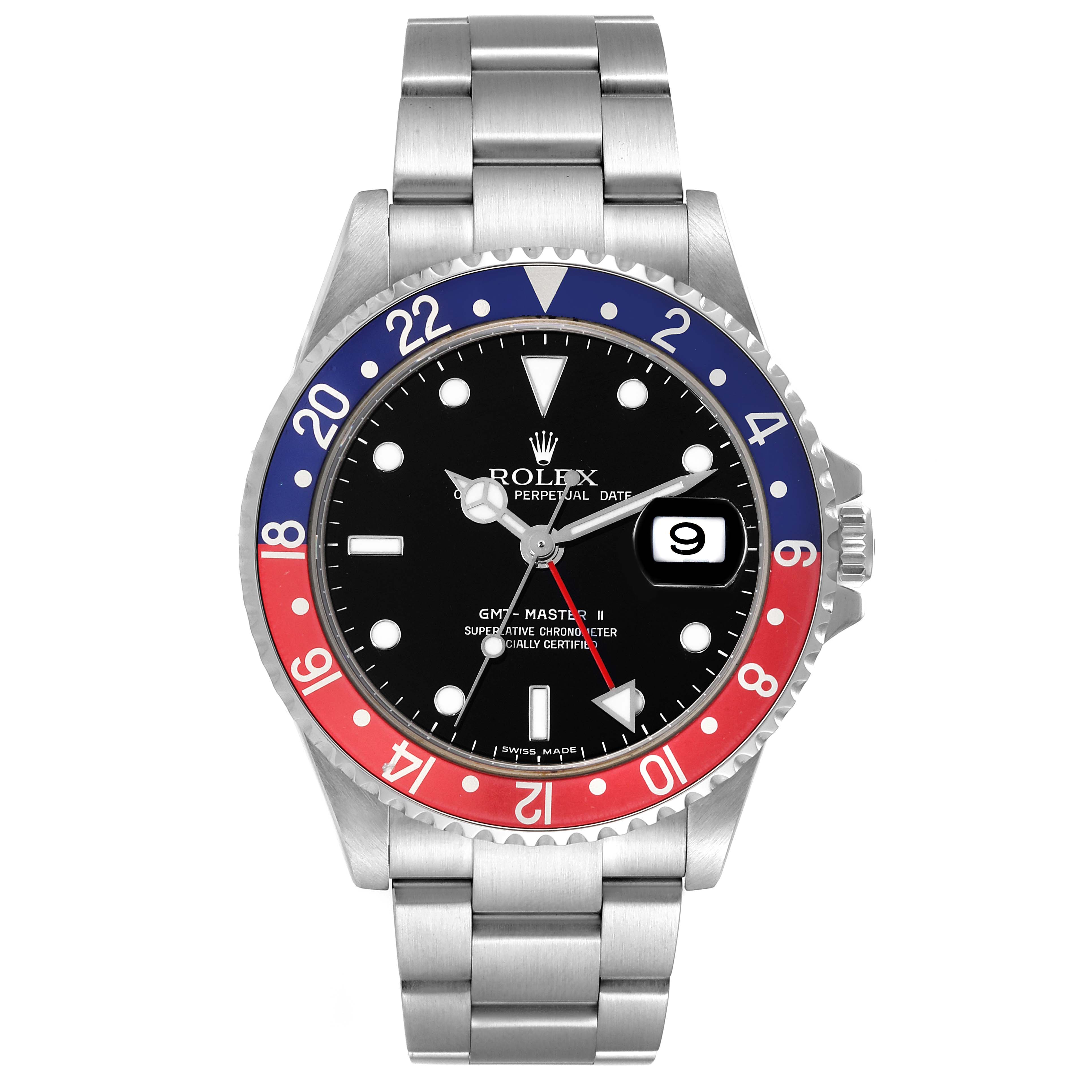 The image shows a front view of a Rolex GMT-Master 16710 Men's Stainless Steel Black Dial 16710 Men's Stainless Steel Black Dial II watch, featuring its bezel, dial, and bracelet.