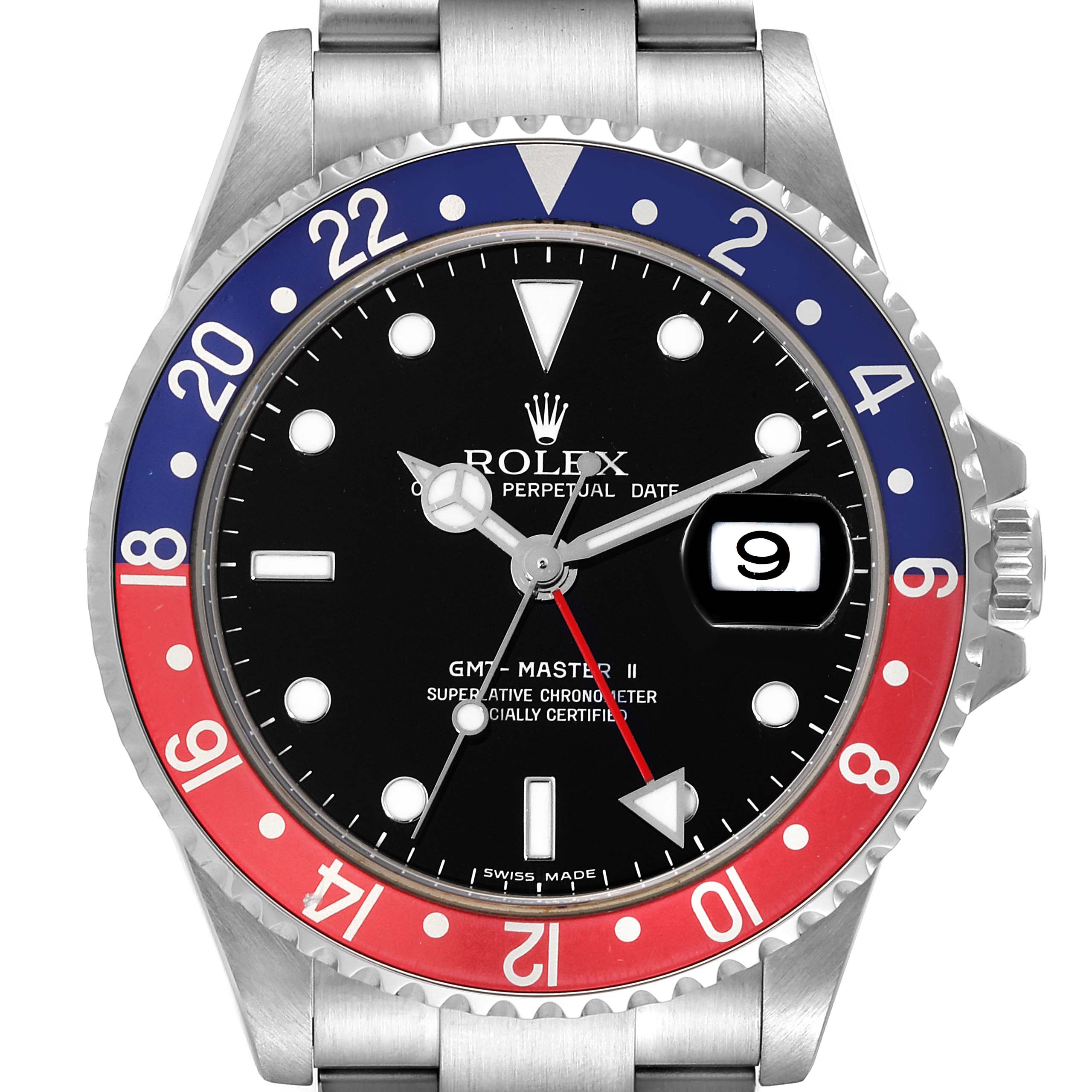 The image shows a front-facing view of a Rolex GMT-Master 16710 Men's Stainless Steel Black Dial 16710 Men's Stainless Steel Black Dial II watch, highlighting its dial, bezel, and part of the bracelet.