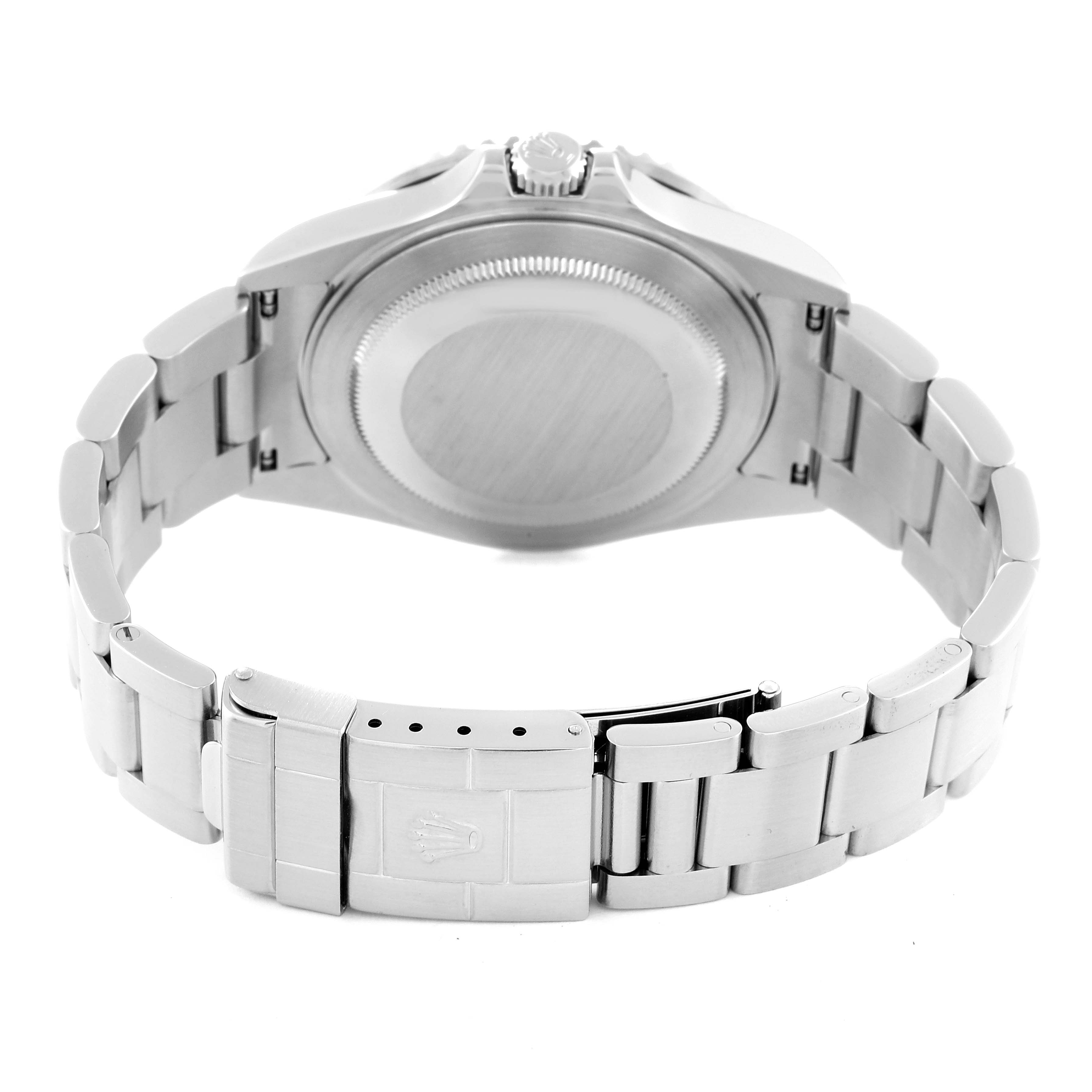 The image shows the back view of the Rolex GMT-Master 16710 Men's Stainless Steel Black Dial 16710 Men's Stainless Steel Black Dial watch, focusing on its case back and clasp.