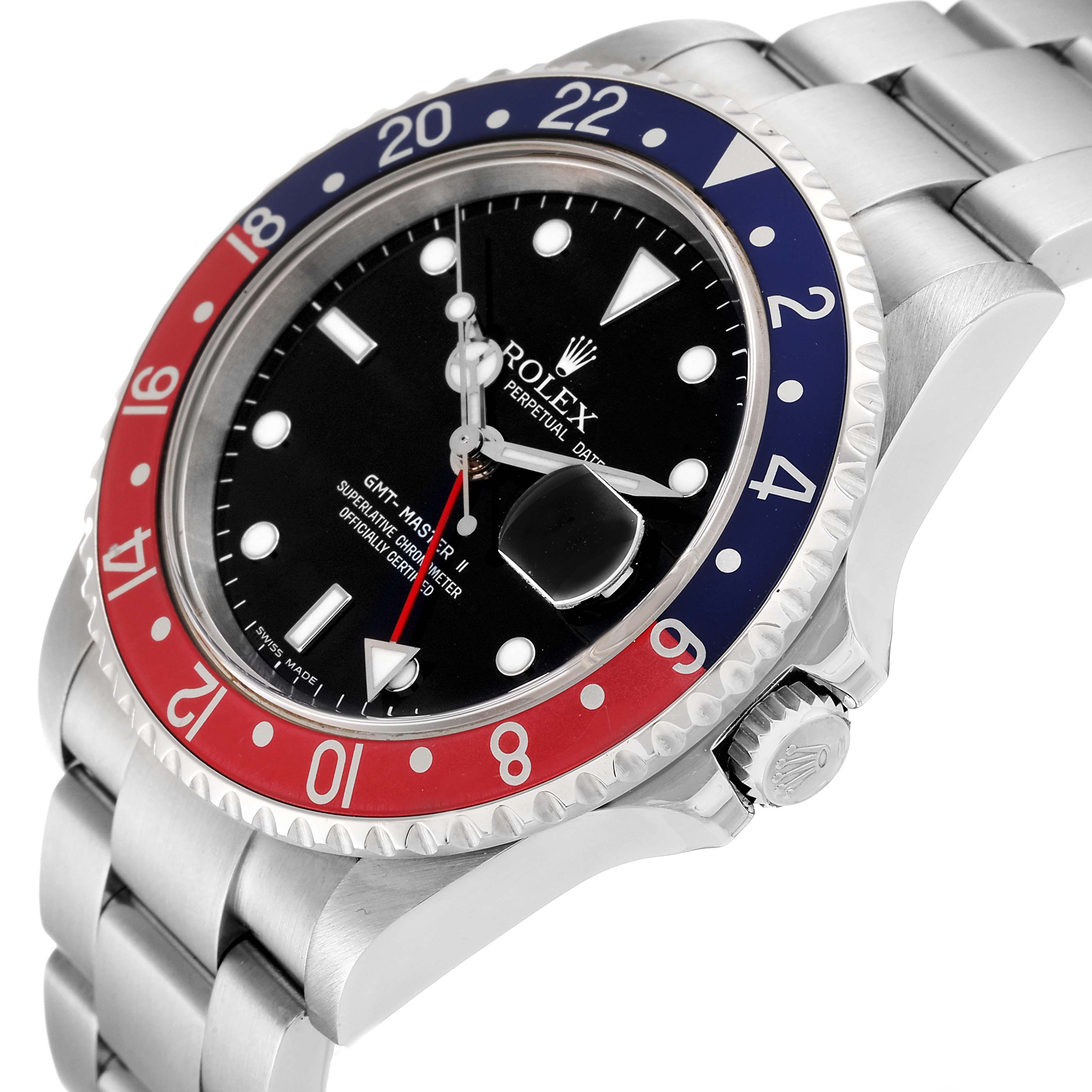 The image shows a Rolex GMT-Master 16710 Men's Stainless Steel Black Dial 16710 Men's Stainless Steel Black Dial II watch from an oblique angle, highlighting the bezel, dial, case, and part of the bracelet.