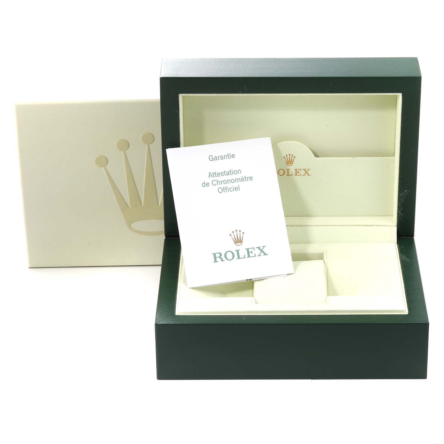 The image shows the open packaging and documentation for a Rolex GMT-Master 16710 Men's Stainless Steel Black Dial 16710 Men's Stainless Steel Black Dial watch, including a box and warranty card.