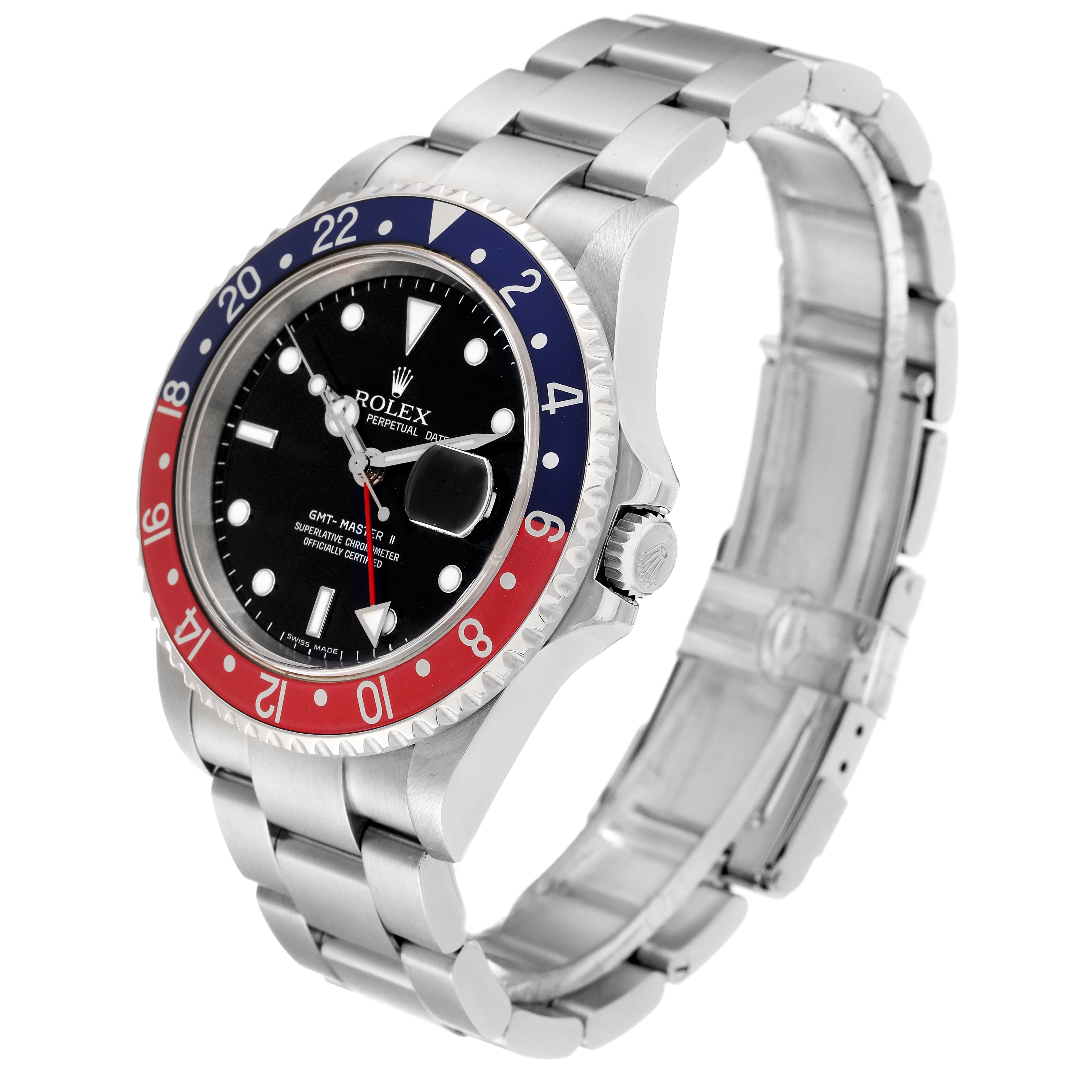 The Rolex GMT-Master 16710 Men's Stainless Steel Black Dial 16710 Men's Stainless Steel Black Dial watch is shown at a three-quarter angle highlighting its bezel, dial, crown, and bracelet.