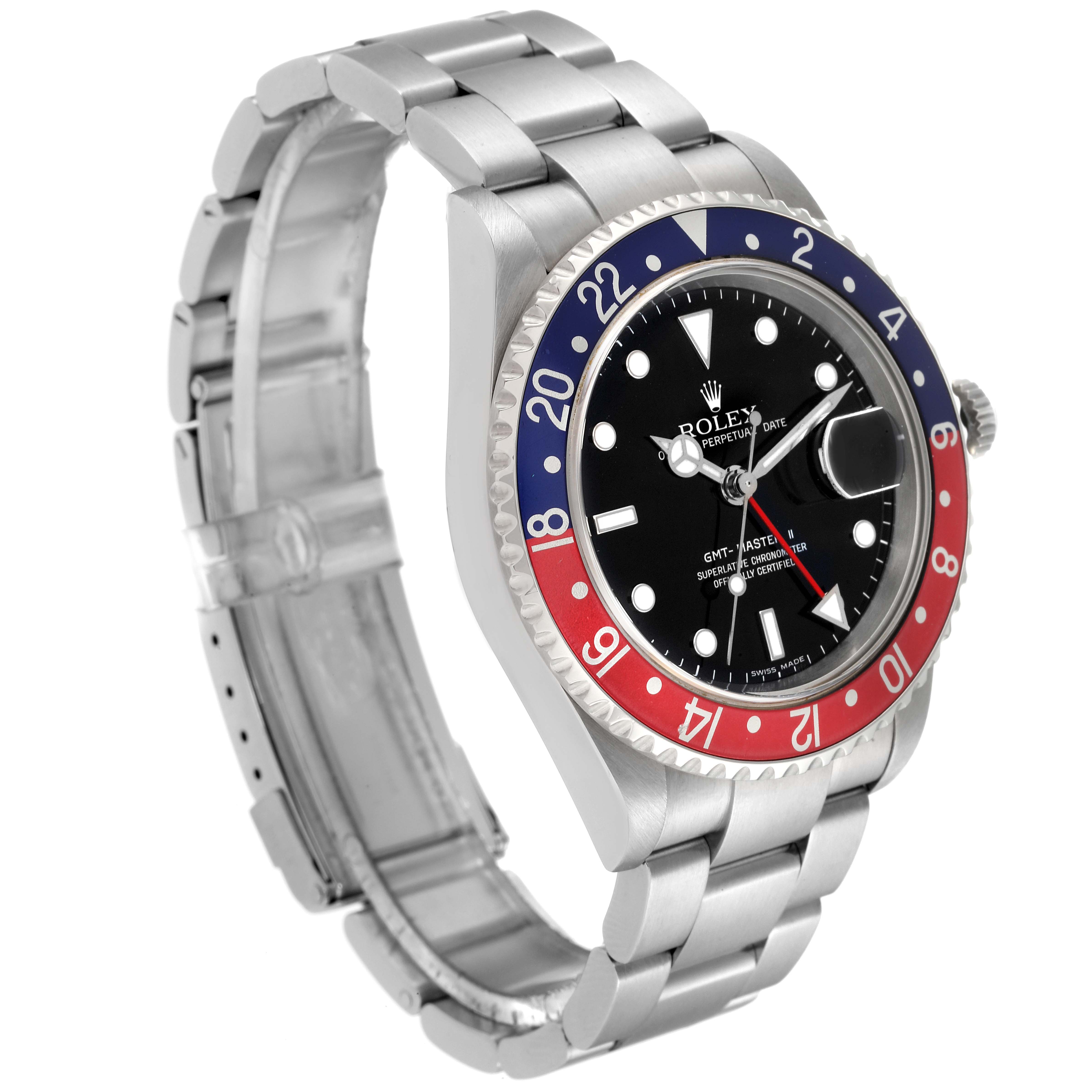 The Rolex GMT-Master 16710 Men's Stainless Steel Black Dial 16710 Men's Stainless Steel Black Dial watch is shown at a three-quarter angle, highlighting the bezel, dial, hands, bracelet, and side view.
