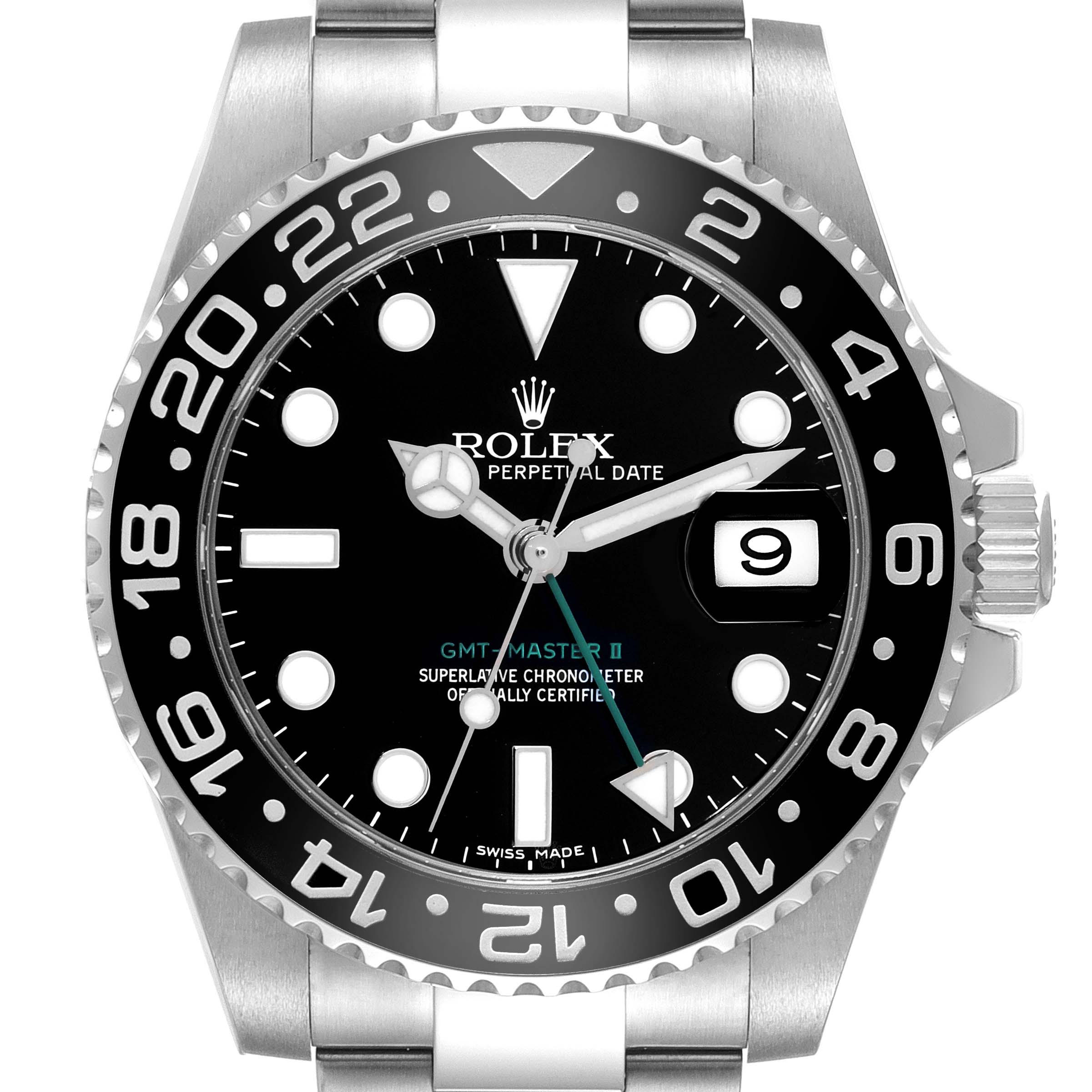 The image shows a top-down view of the Rolex GMT-Master 116710 Men
s Stainless Steel Black Dial 116710 Men
s Stainless Steel Black Dial II watch, highlighting its bezel, dial, and bracelet.