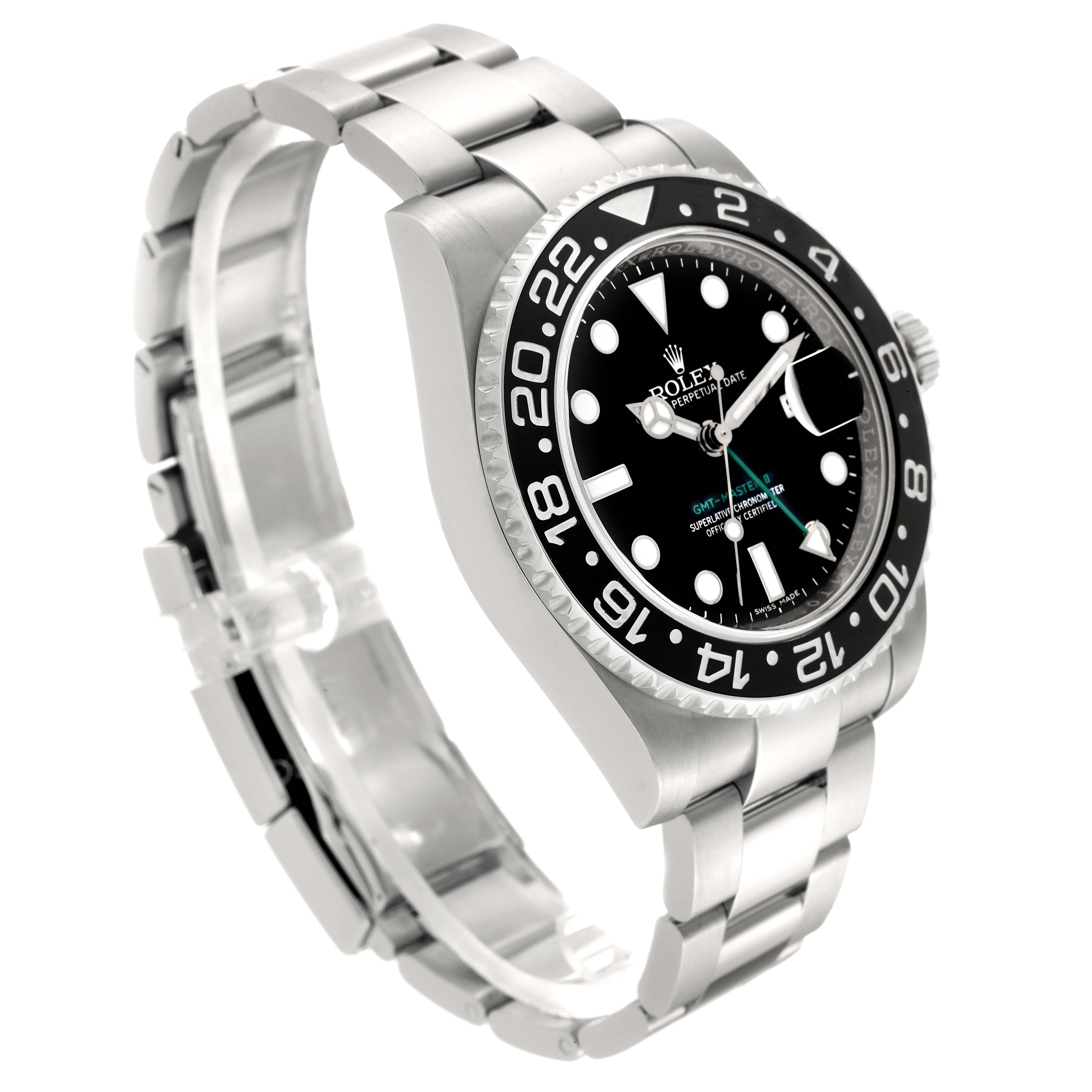The image shows a Rolex GMT-Master 116710 Men
s Stainless Steel Black Dial 116710 Men
s Stainless Steel Black Dial watch from an angled side view, highlighting its bezel, dial, bracelet, and crown.