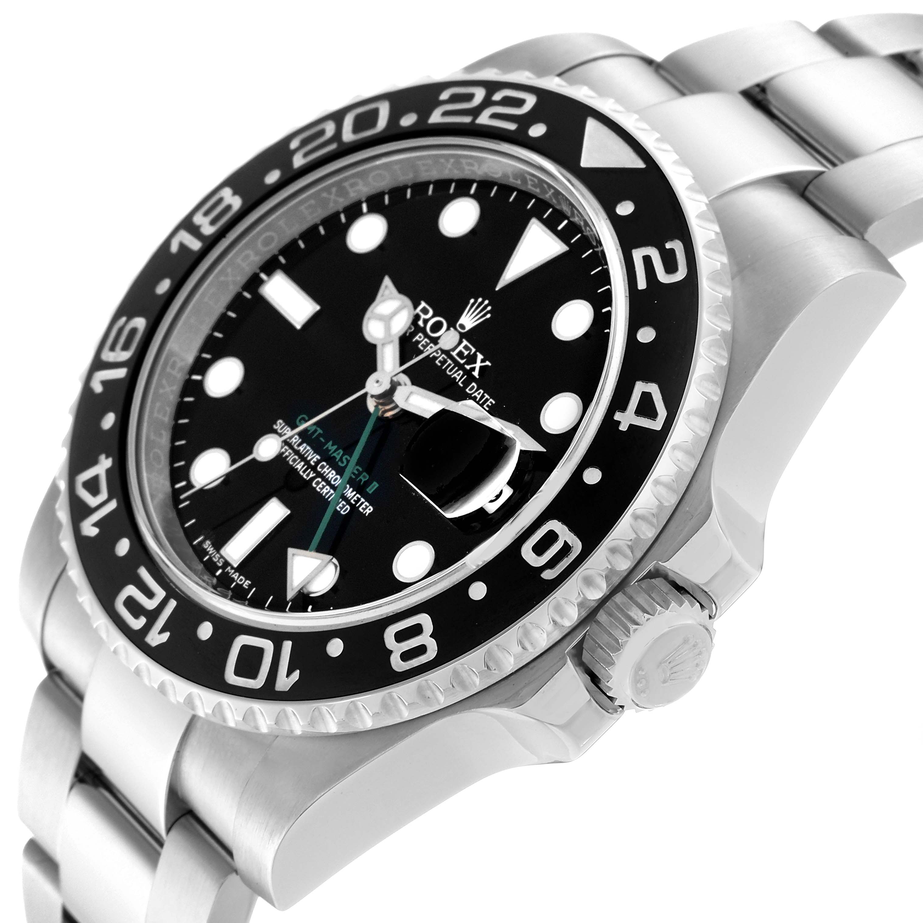 The image shows a side angle of a Rolex GMT-Master 116710 Men
s Stainless Steel Black Dial 116710 Men
s Stainless Steel Black Dial watch highlighting the dial, bezel, and metal bracelet.