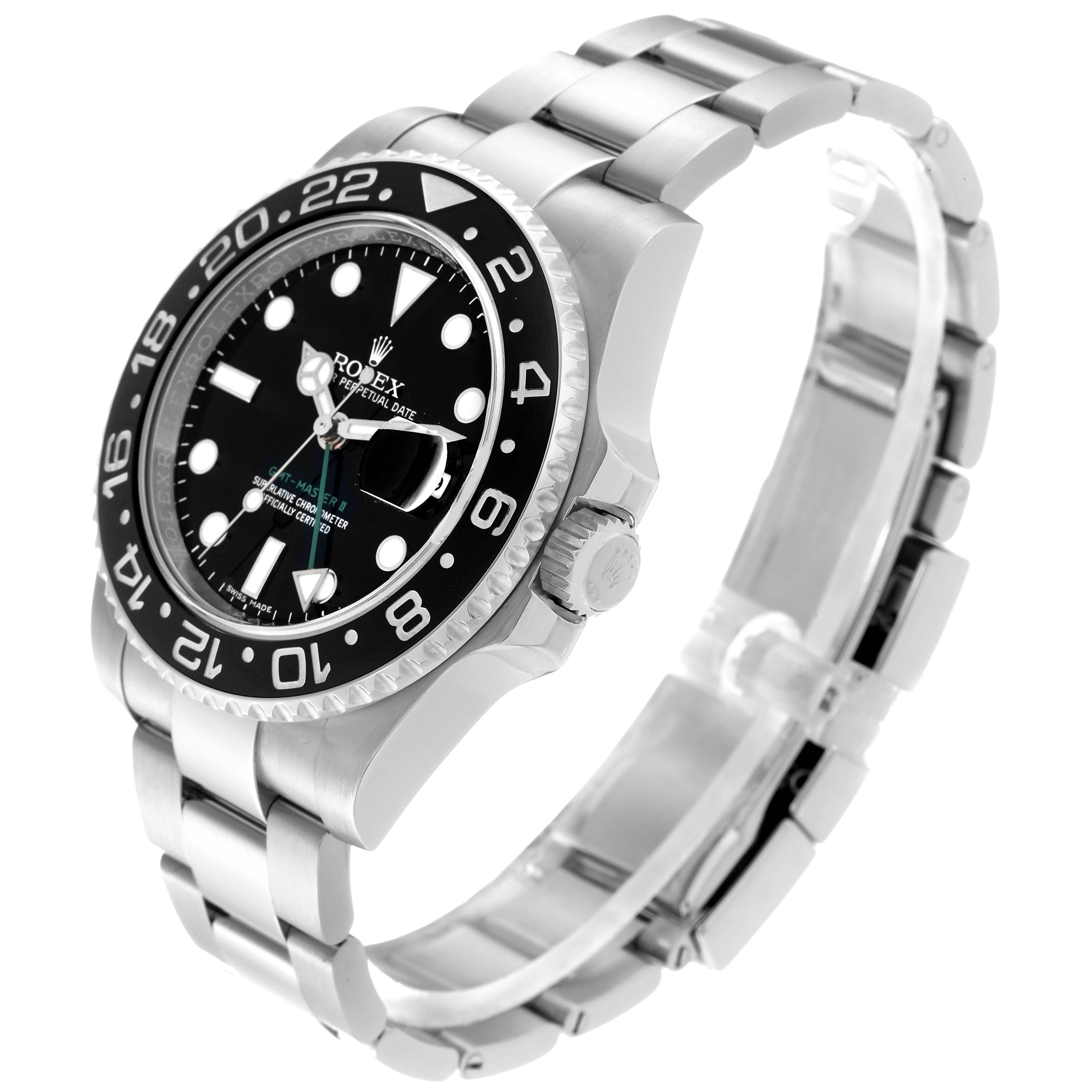 This image shows a side and frontal view of the Rolex GMT-Master 116710 Men
s Stainless Steel Black Dial 116710 Men
s Stainless Steel Black Dial watch, highlighting its black dial, bezel, and metal bracelet.