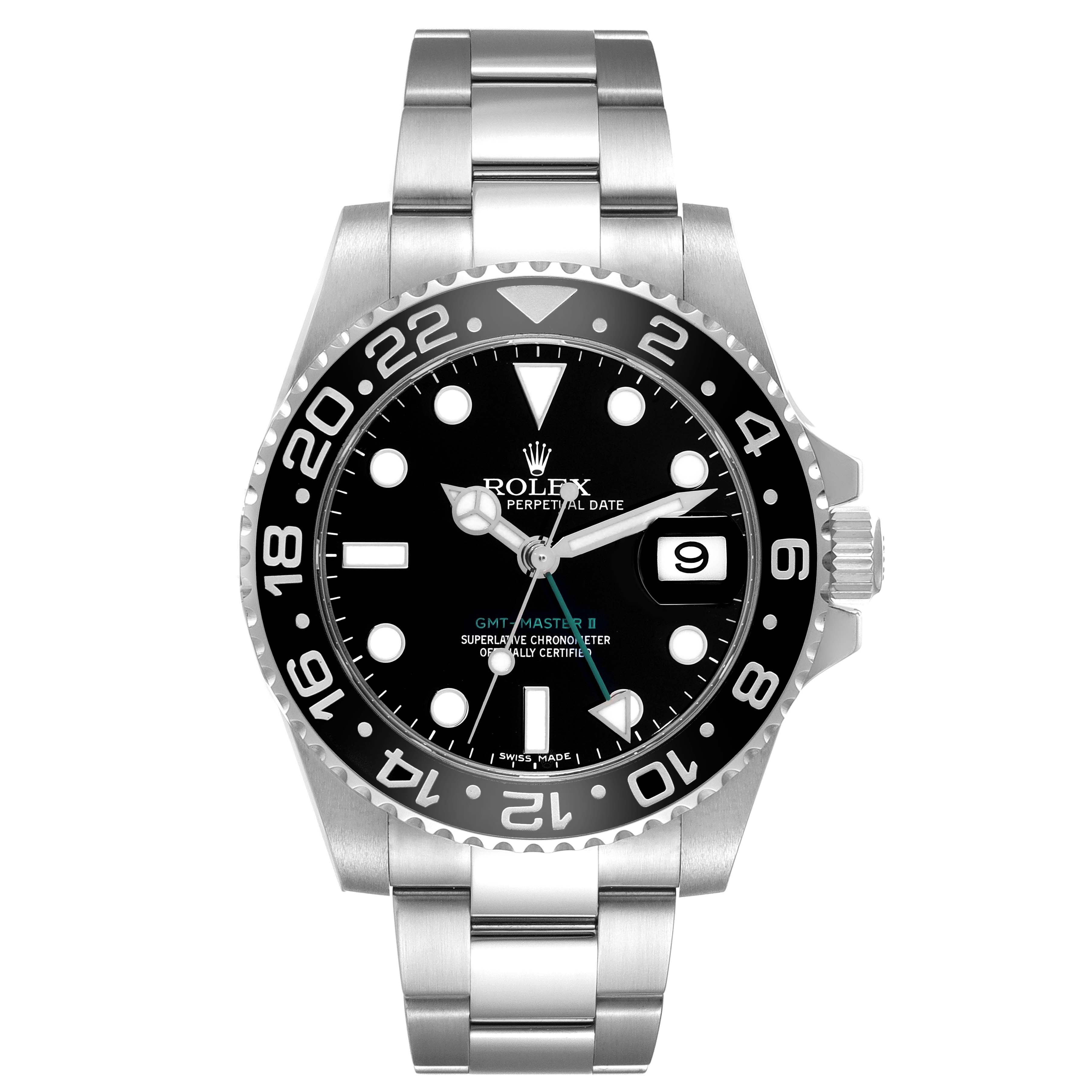 The image shows a front view of a Rolex GMT-Master 116710 Men
s Stainless Steel Black Dial 116710 Men
s Stainless Steel Black Dial watch, displaying the dial, bezel, and part of the bracelet.