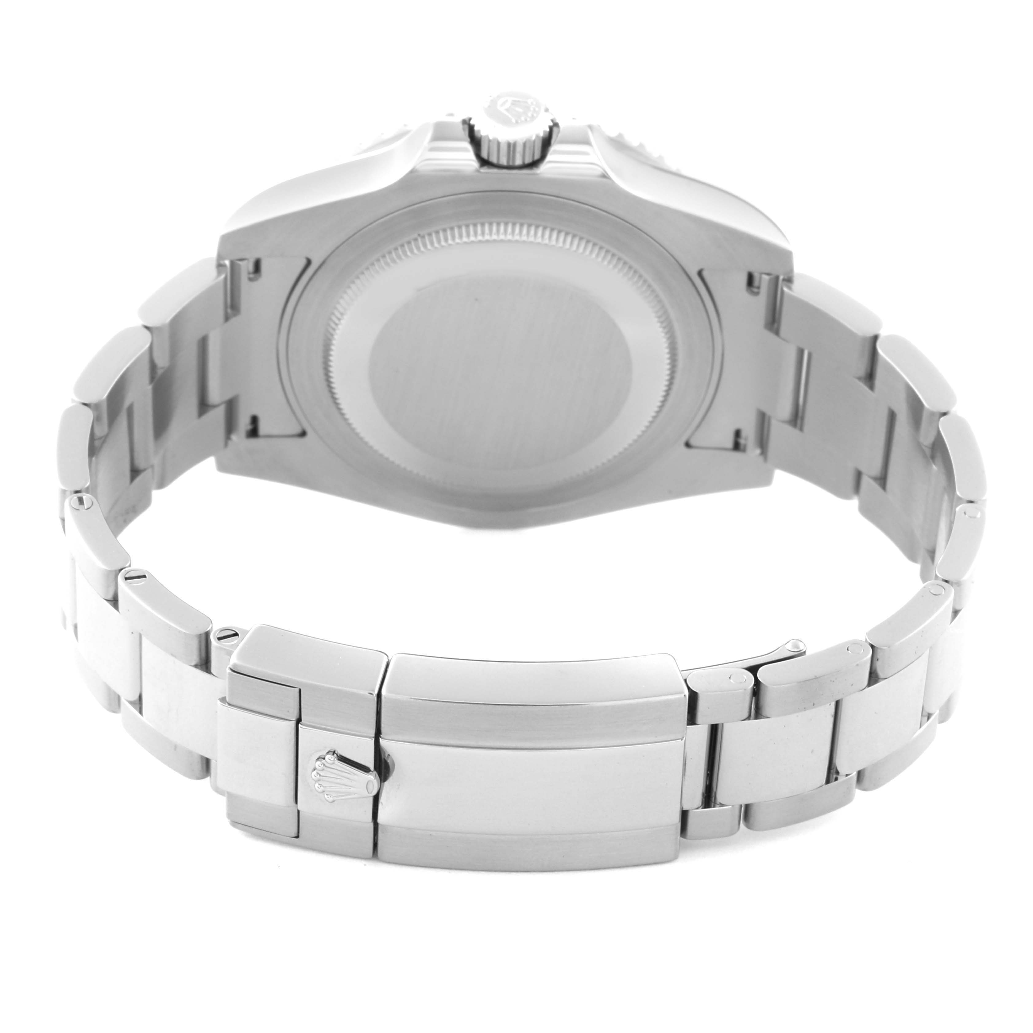 This image shows the closed clasp and case back of a Rolex GMT-Master 116710 Men
s Stainless Steel Black Dial 116710 Men
s Stainless Steel Black Dial watch from a rear angle.