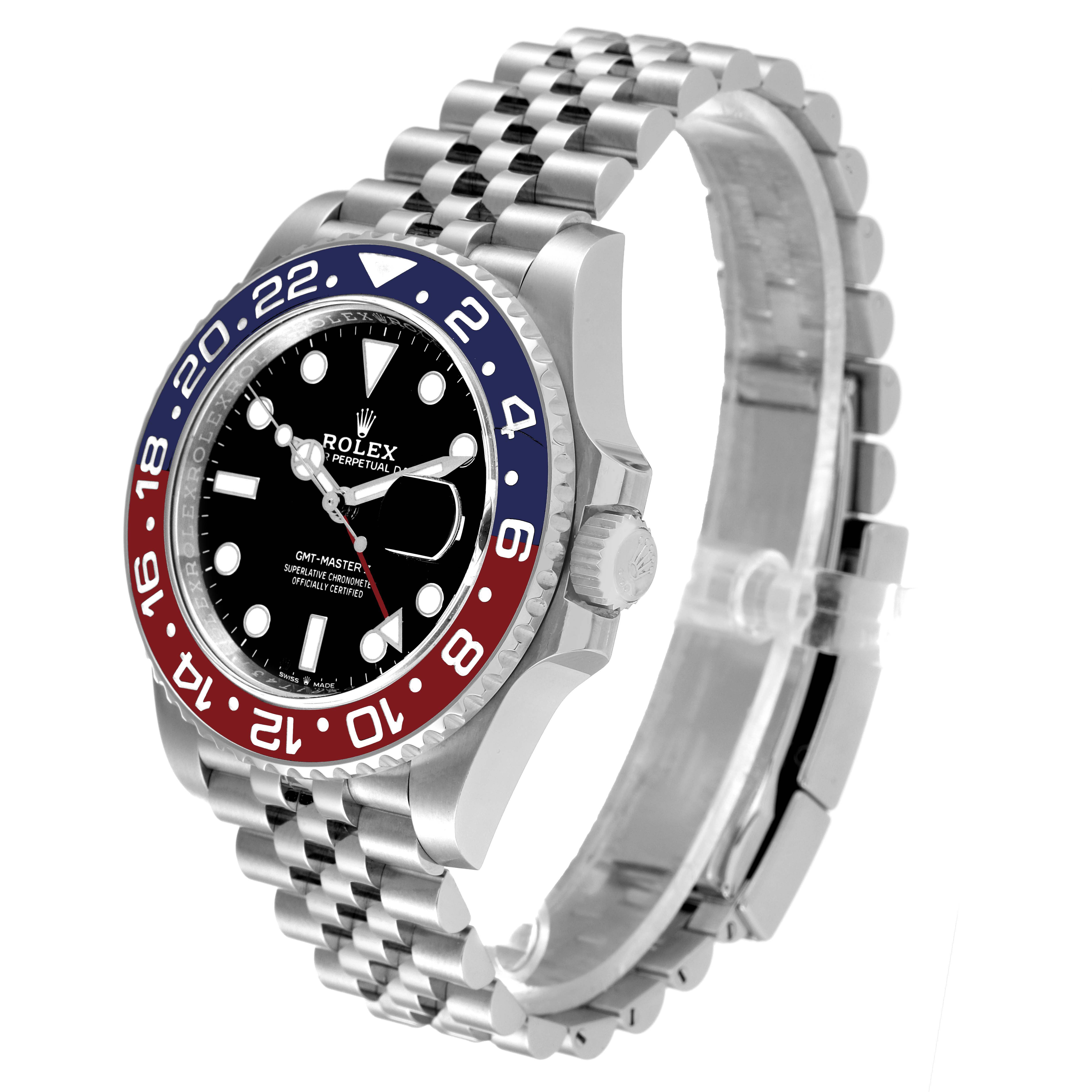 This image shows a Rolex GMT-Master 126710 Men's Stainless Steel Black Dial 126710 Men's Stainless Steel Black Dial watch at a slight angle, highlighting its bezel, dial, and Jubilee bracelet.